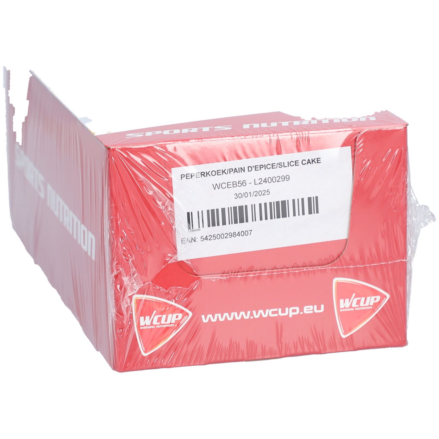 Emballage rouge avec l'inscription "SPORTS NUTRITION". L'emballage porte la mention "PEPERKOEK/PAIN D'EPICE/SLICE CAKE".