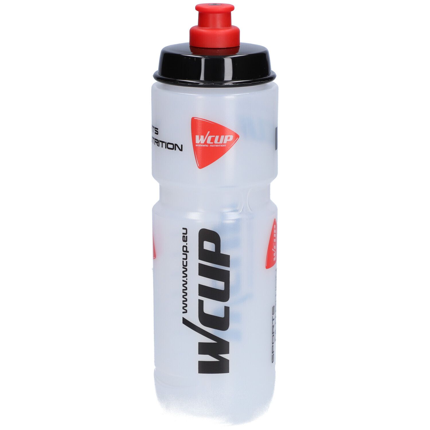 Bouteille de sport transparente avec bouchon noir et fermeture rouge. Logos visibles : Wcup, Sports Nutrition.