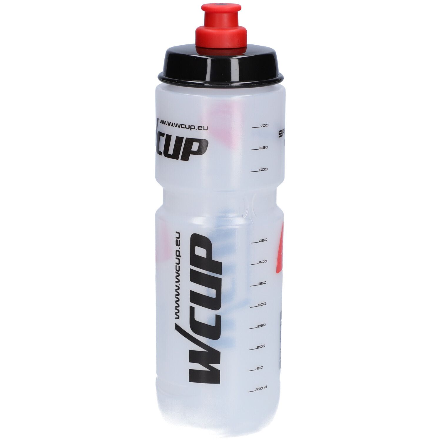 Bouteille de sport transparente avec bouchon noir et fermeture rouge. Échelle de mesure du volume. Logos : Wcup, www.wcup.eu.