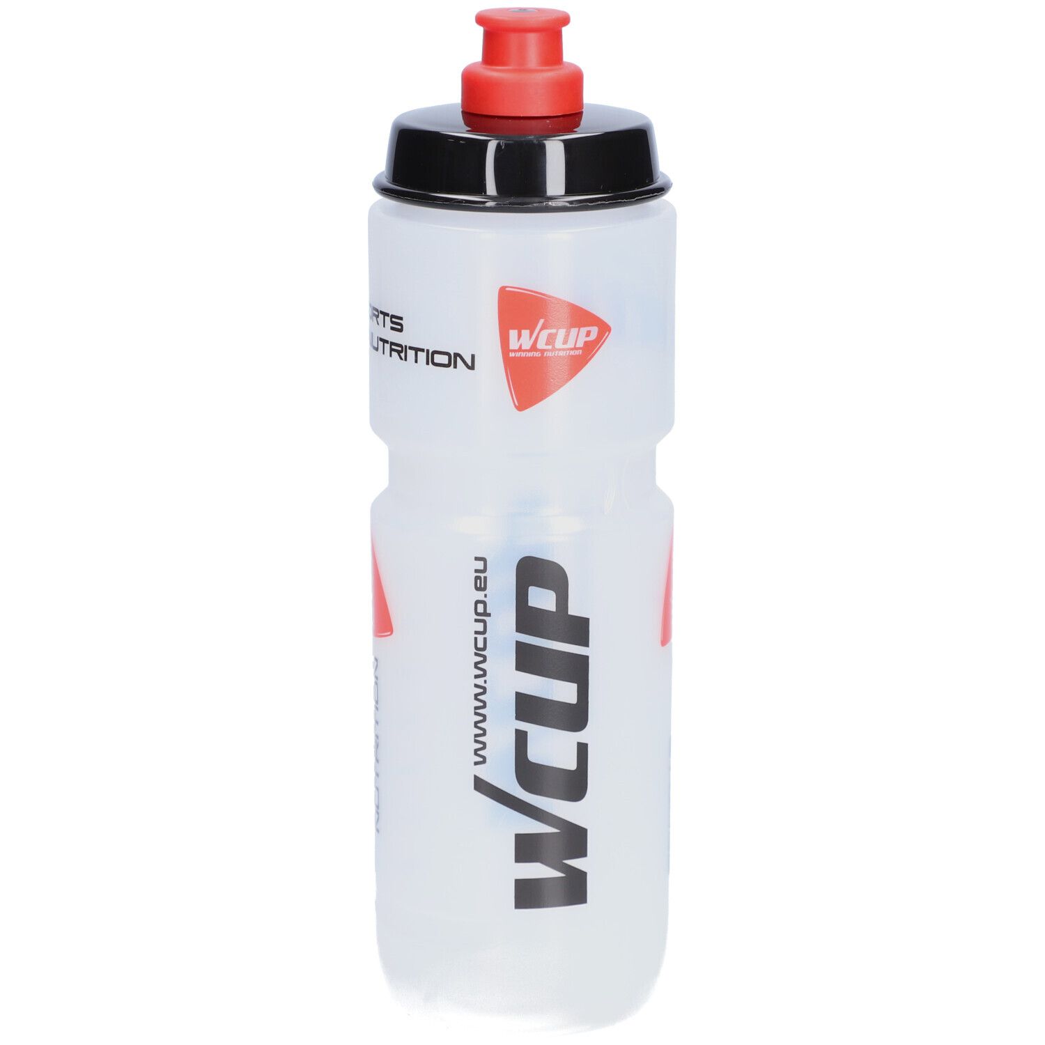 Bouteille de sport transparente avec bouchon noir et fermeture rouge. Logos : Wcup, Sports Nutrition, www.wcup.eu.
