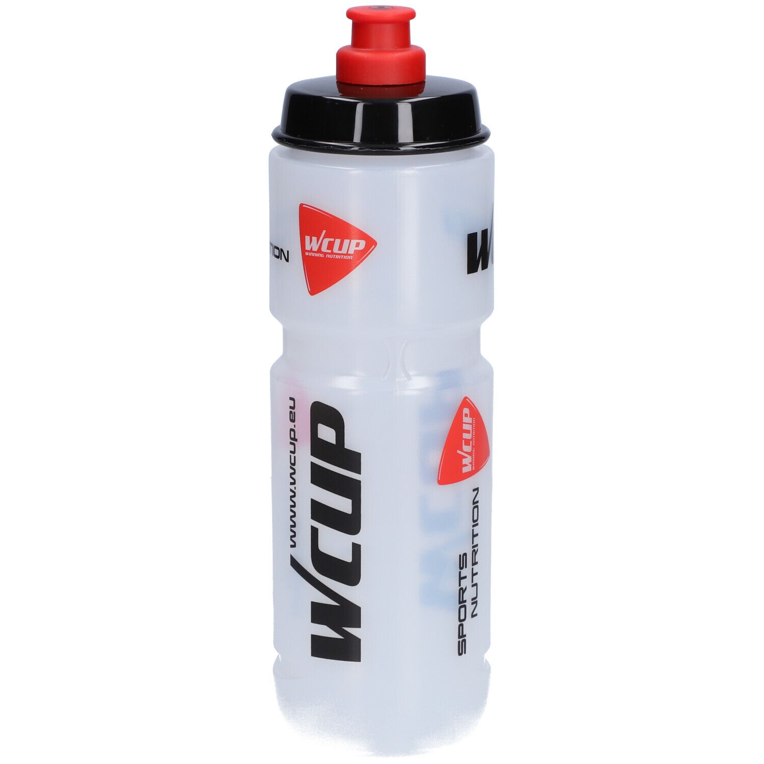 Bouteille de sport transparente avec bouchon noir et fermeture rouge. Logos : Wcup, Sports Nutrition, www.wcup.eu.