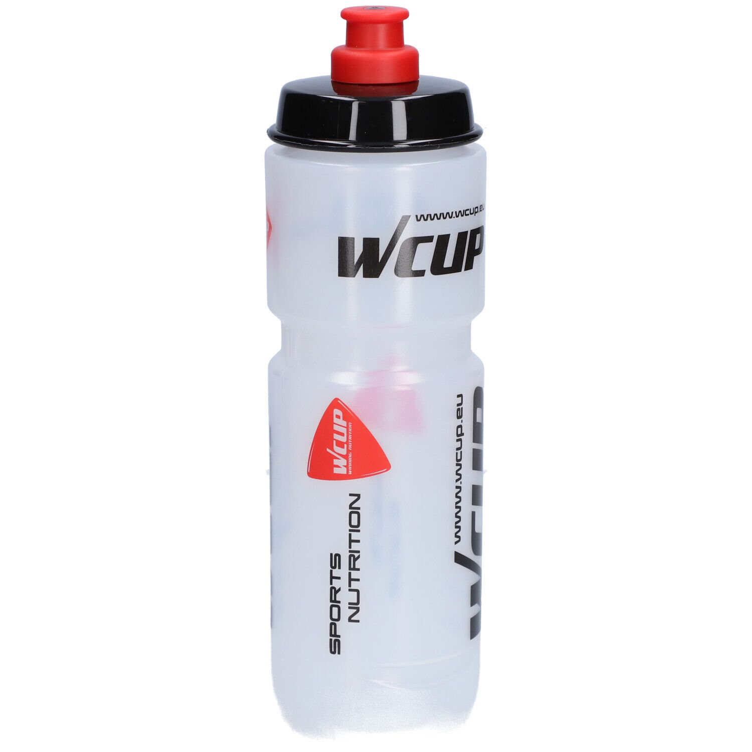Bouteille de sport transparente avec bouchon noir et fermeture rouge. Logos : Wcup, Sports Nutrition, www.wcup.eu.