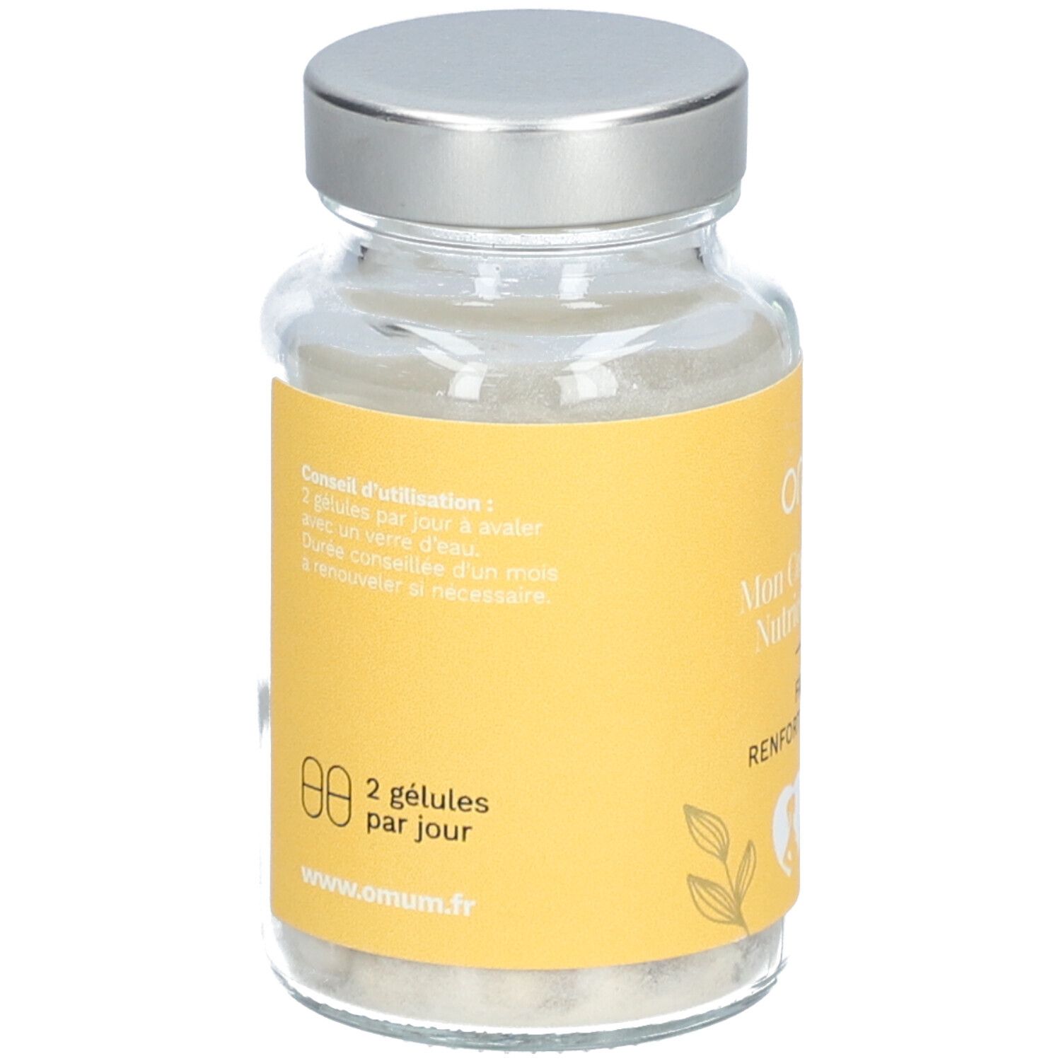 Flacon en verre avec étiquette jaune. Inscription: Omum, Mon Coup de Boost Nutricosmétique. Contient de la poudre. Couvercle argenté. Dosage: 2 gélules par jour.