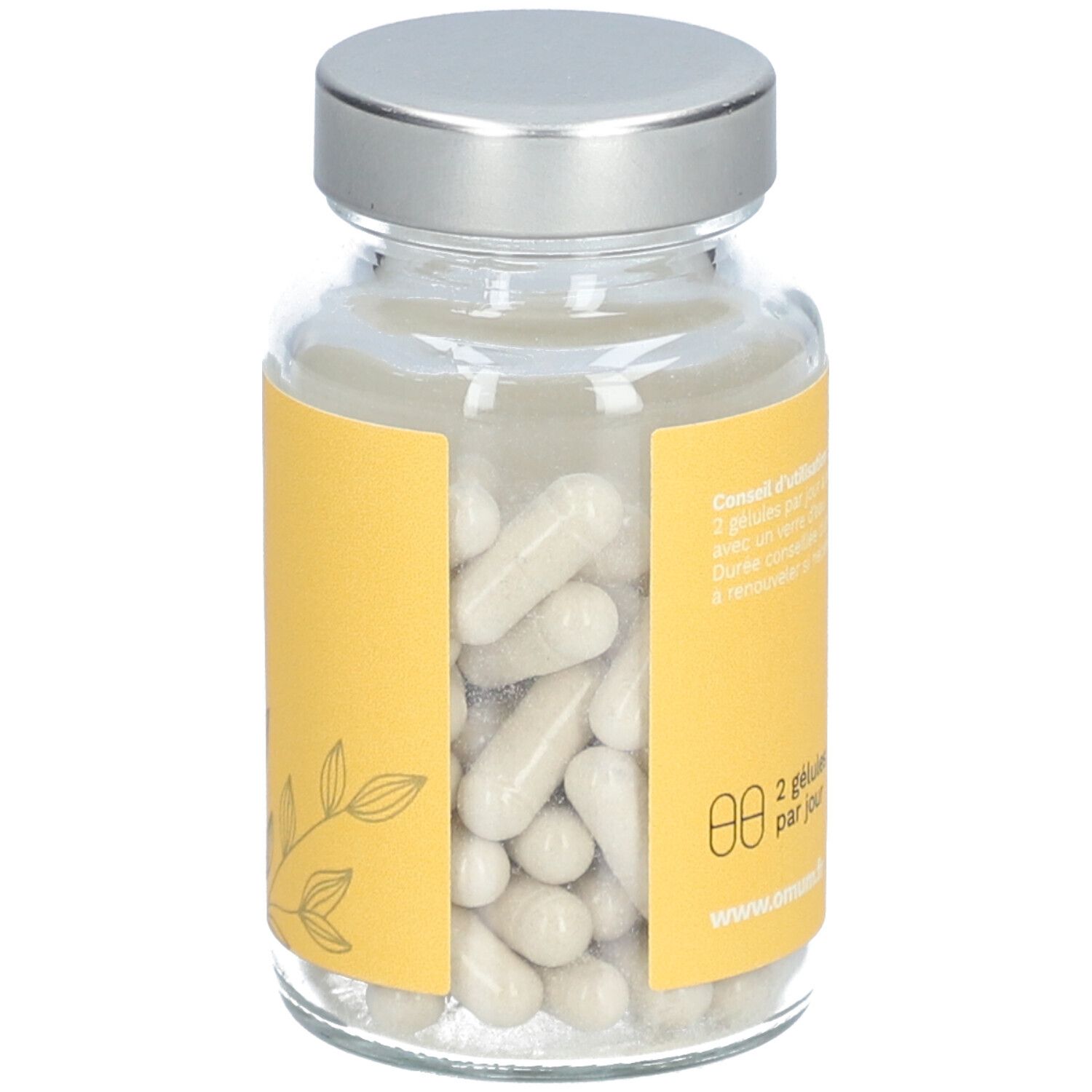 Flacon en verre avec étiquette jaune. Contient des gélules. Couvercle argenté. Gélules blanches et oblongues.