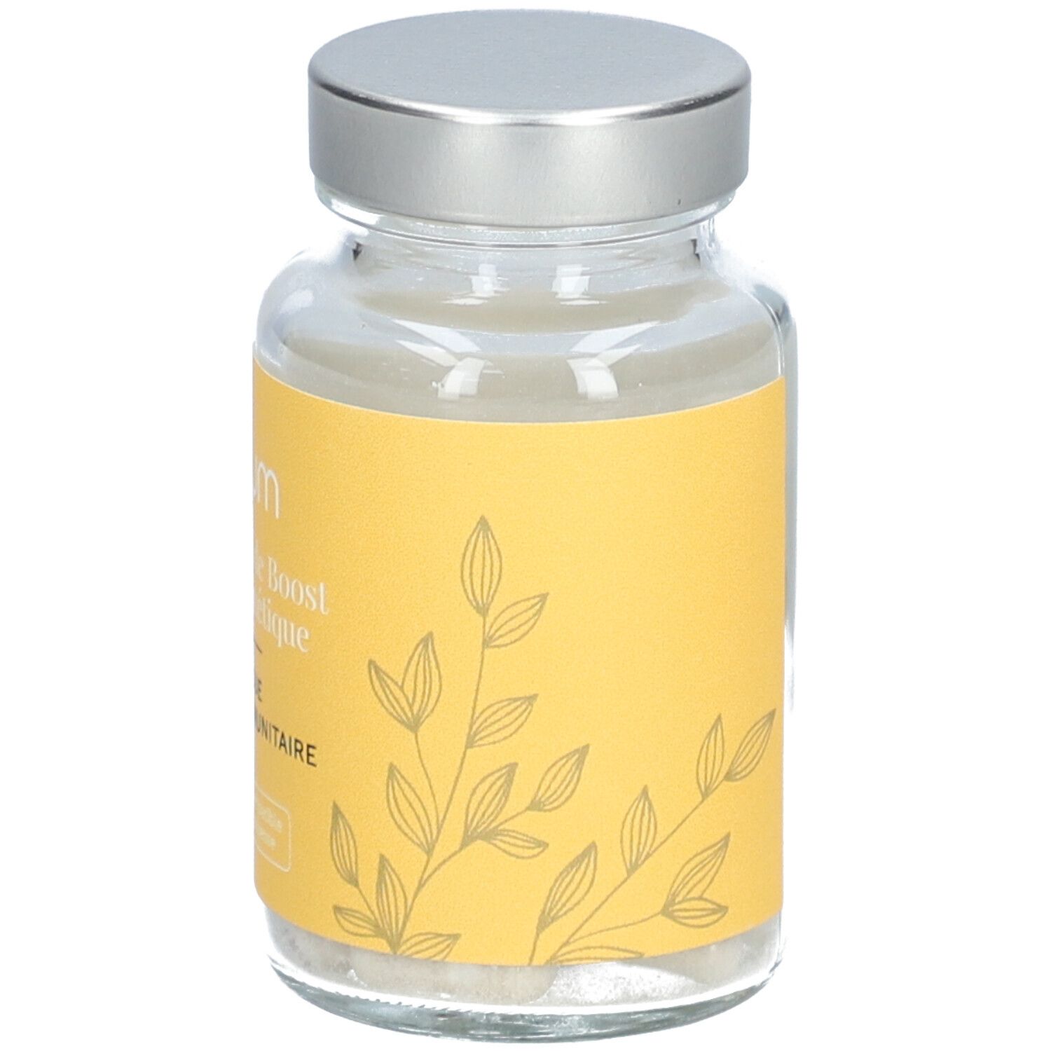 Flacon en verre avec étiquette jaune. Inscription: Omum, Mon Coup de Boost Nutricosmétique. Couvercle argenté. Illustration de feuilles jaunes.