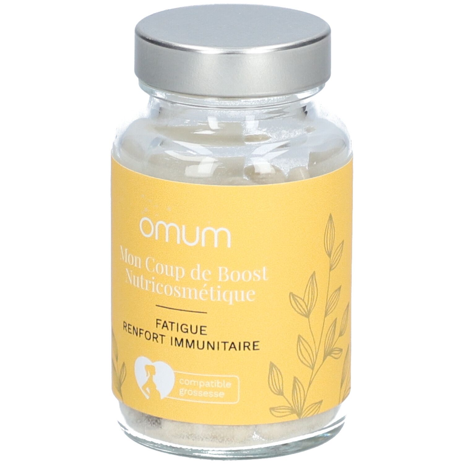 Flacon en verre avec étiquette jaune. Inscription: Omum, Mon Coup de Boost Nutricosmétique. Contient de la poudre. Couvercle argenté. Logo: femme enceinte.