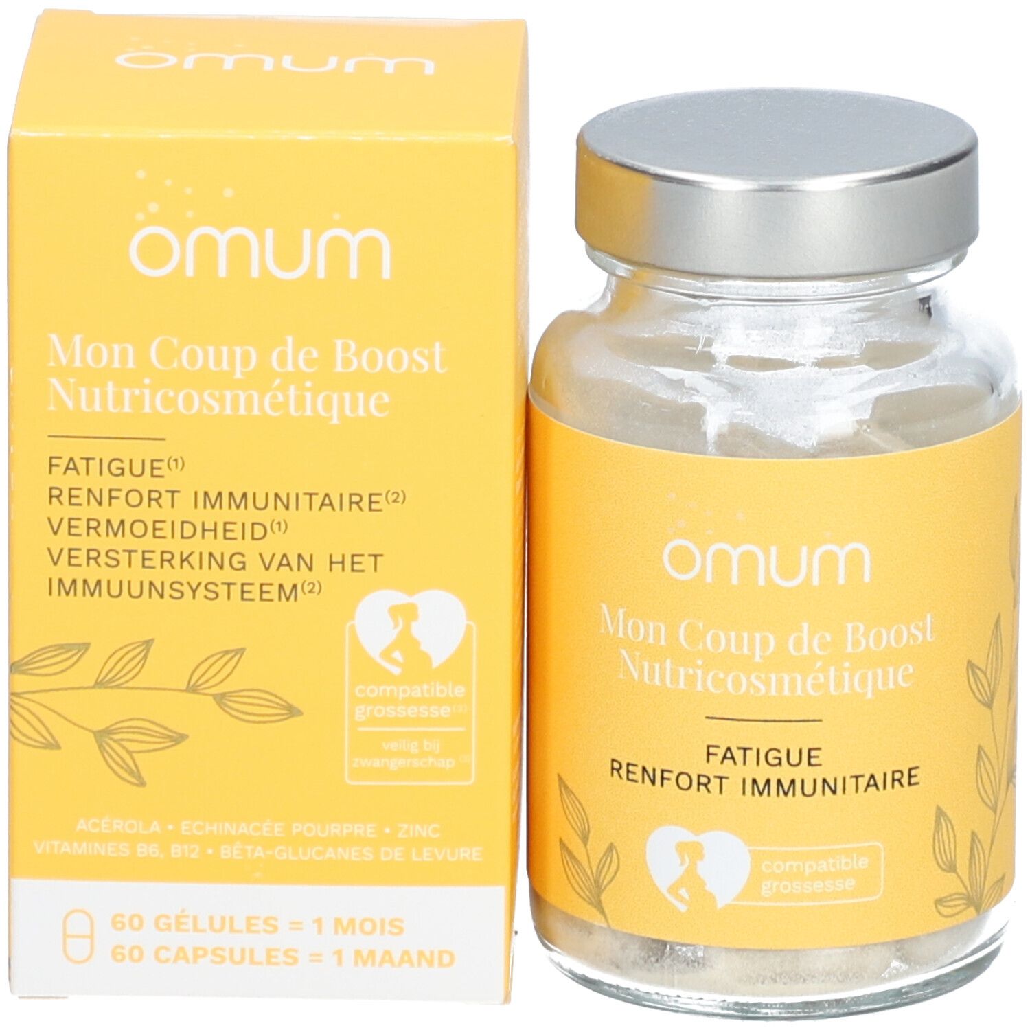 Emballage du produit avec flacon. Inscription: Omum, Mon Coup de Boost Nutricosmétique. Contient 60 gélules. Logo: femme enceinte.