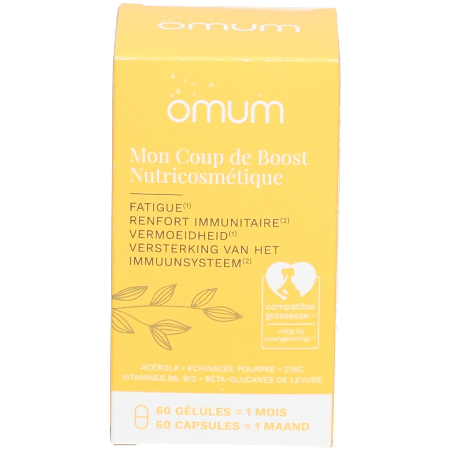 Emballage du produit. Inscription: Omum, Mon Coup de Boost Nutricosmétique. Contient 60 gélules. Logo: femme enceinte. Ingrédients.