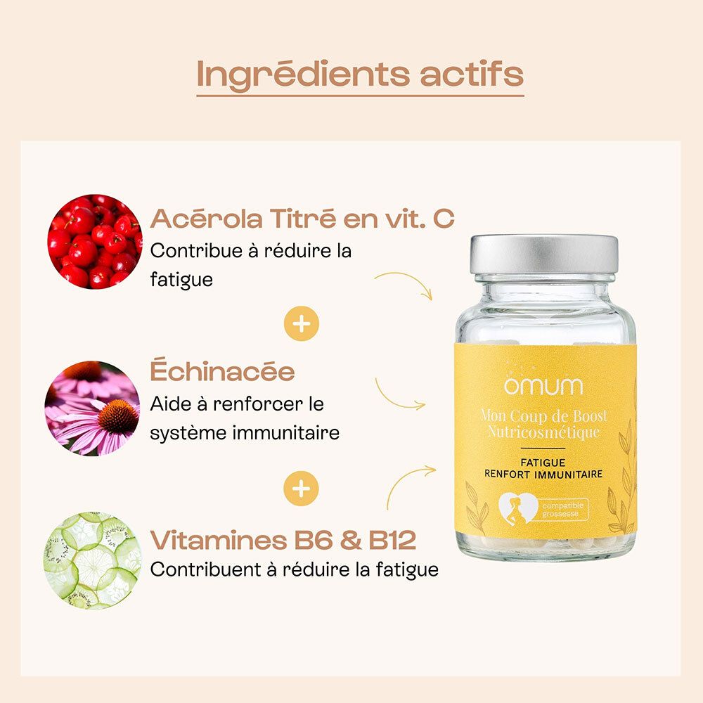 Ingrédients actifs. Inscription: Acérola, Échinacée, Vitamines B6 & B12. Réduit la fatigue.