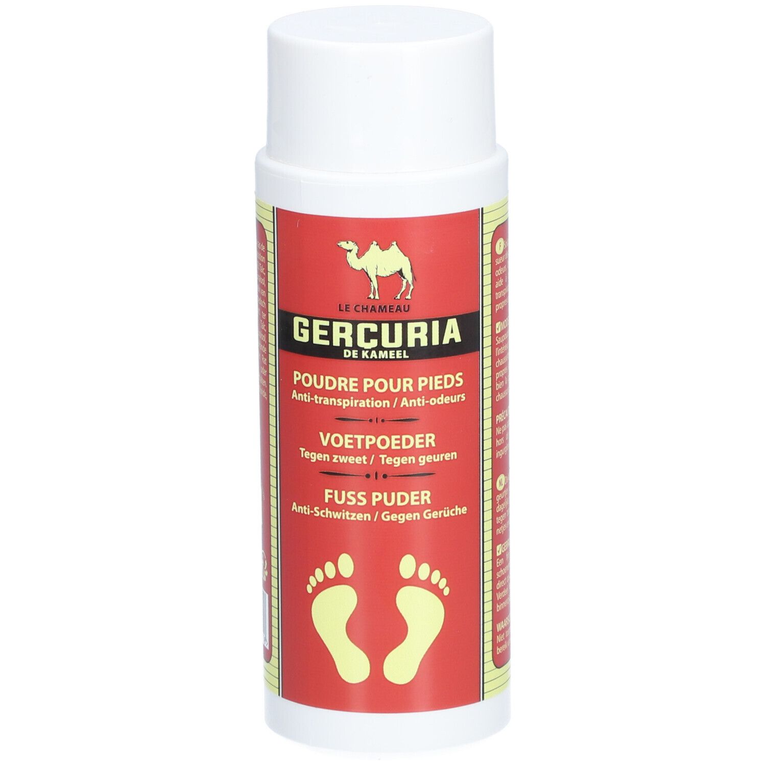 Flacon blanc avec étiquette rouge. Inscription: GERCURIA POUDRE POUR LES PIEDS. Symbole d'empreintes de pieds.