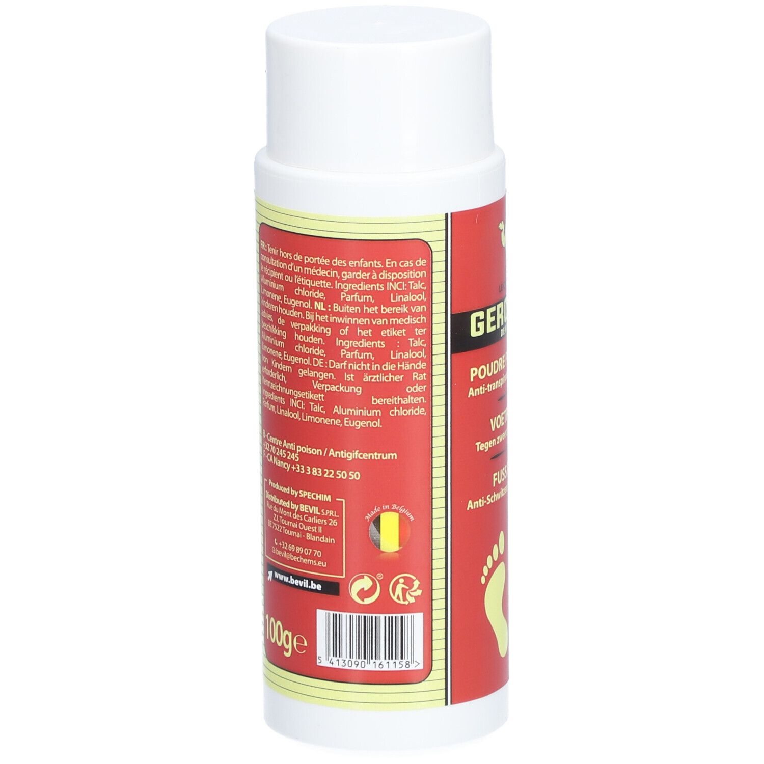 Dos d'un flacon blanc avec étiquette rouge. Texte multilingue. Informations fabricant.