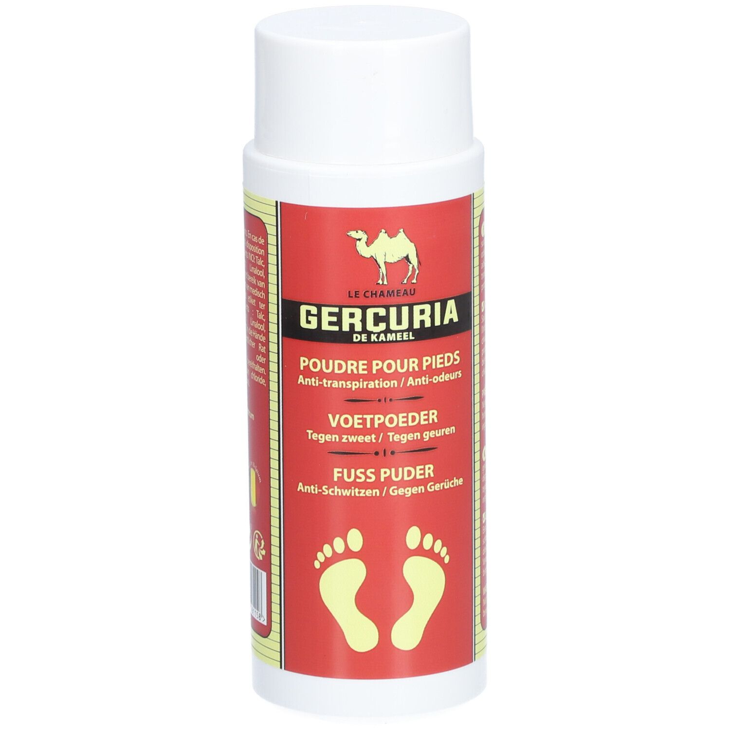 Flacon blanc avec étiquette rouge. Inscription: GERCURIA POUDRE POUR LES PIEDS. Symbole d'empreintes de pieds.