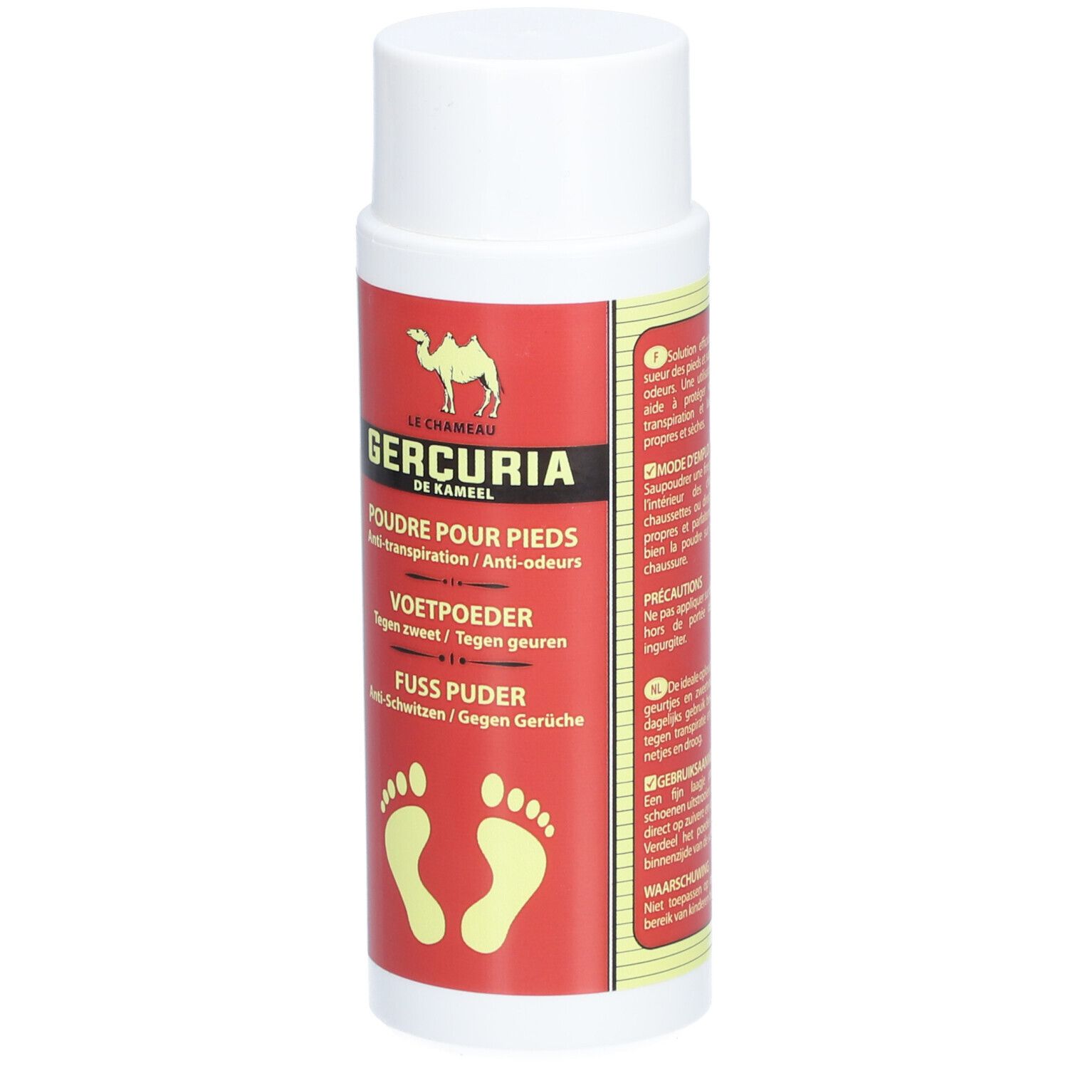 Flacon blanc avec étiquette rouge. Inscription: GERCURIA POUDRE POUR LES PIEDS. Texte et symboles.