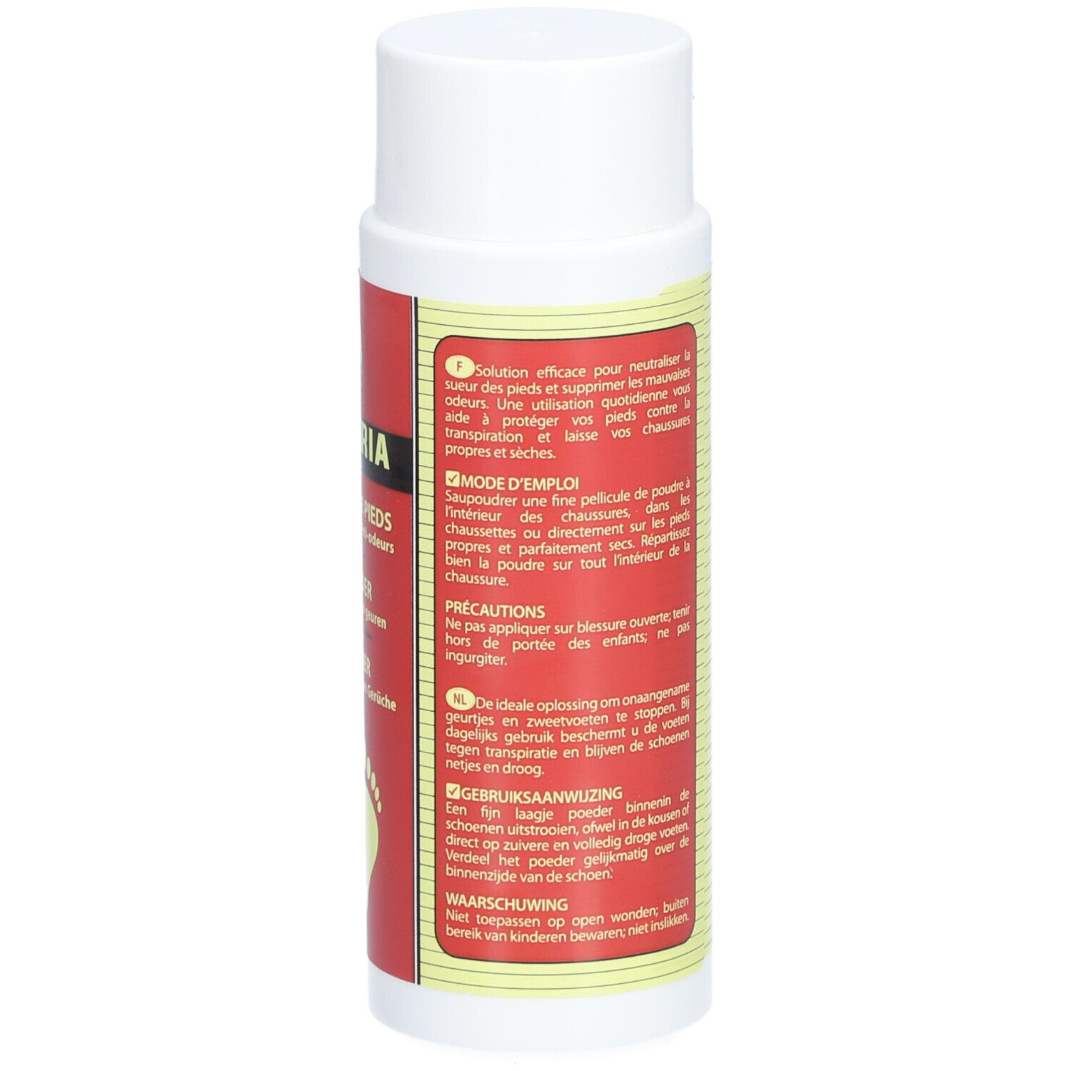 Flacon blanc avec étiquette rouge. Texte multilingue. Instructions d'utilisation et avertissements.