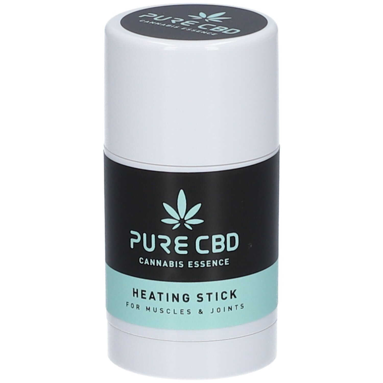 Bâton chauffant cylindrique. Étiquette noire et menthe avec texte: PURE CBD, Cannabis Essence, Heating Stick, pour muscles et articulations.