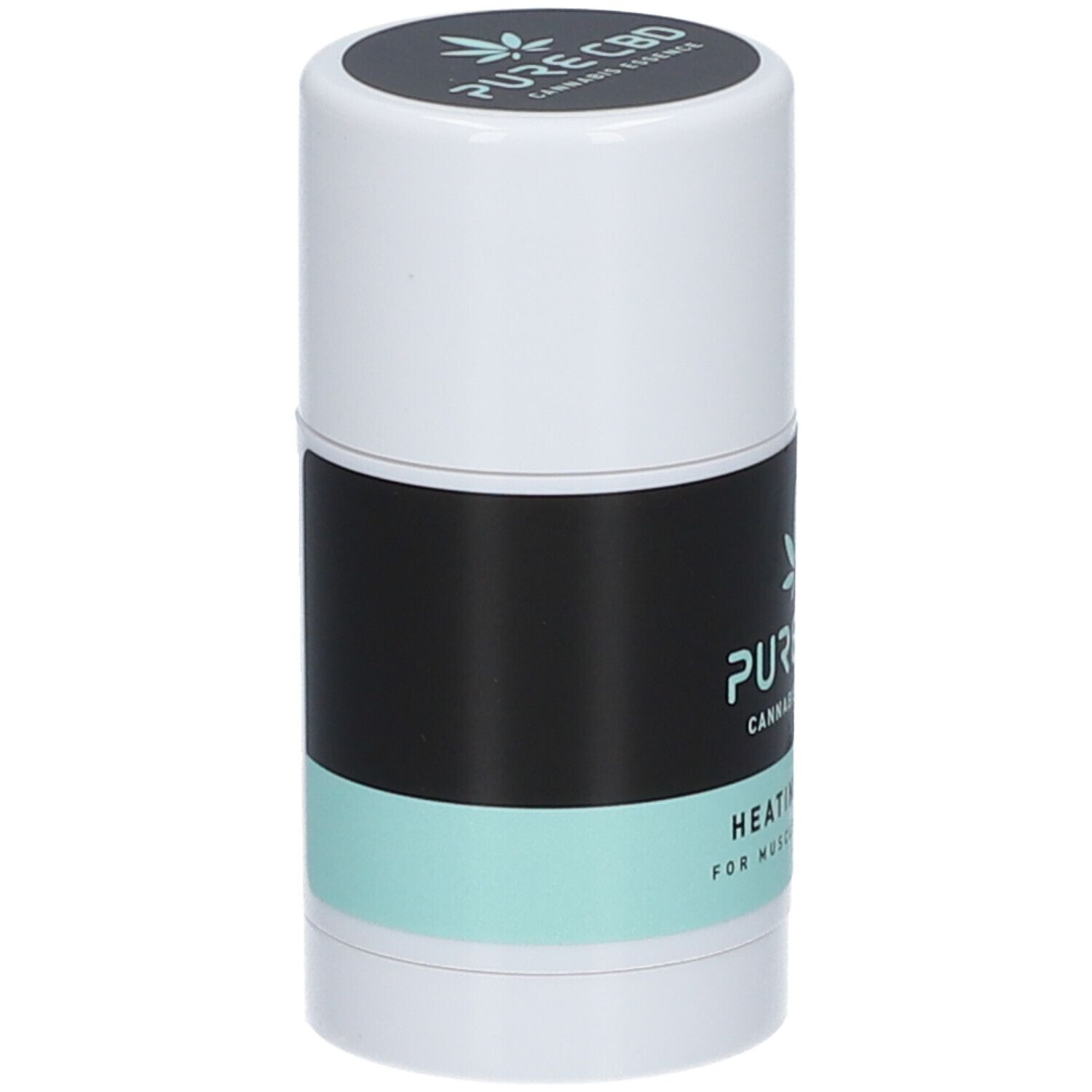 Bâton chauffant cylindrique. Étiquette noire et menthe avec texte: PURE CBD, Cannabis Essence, Heating Stick.