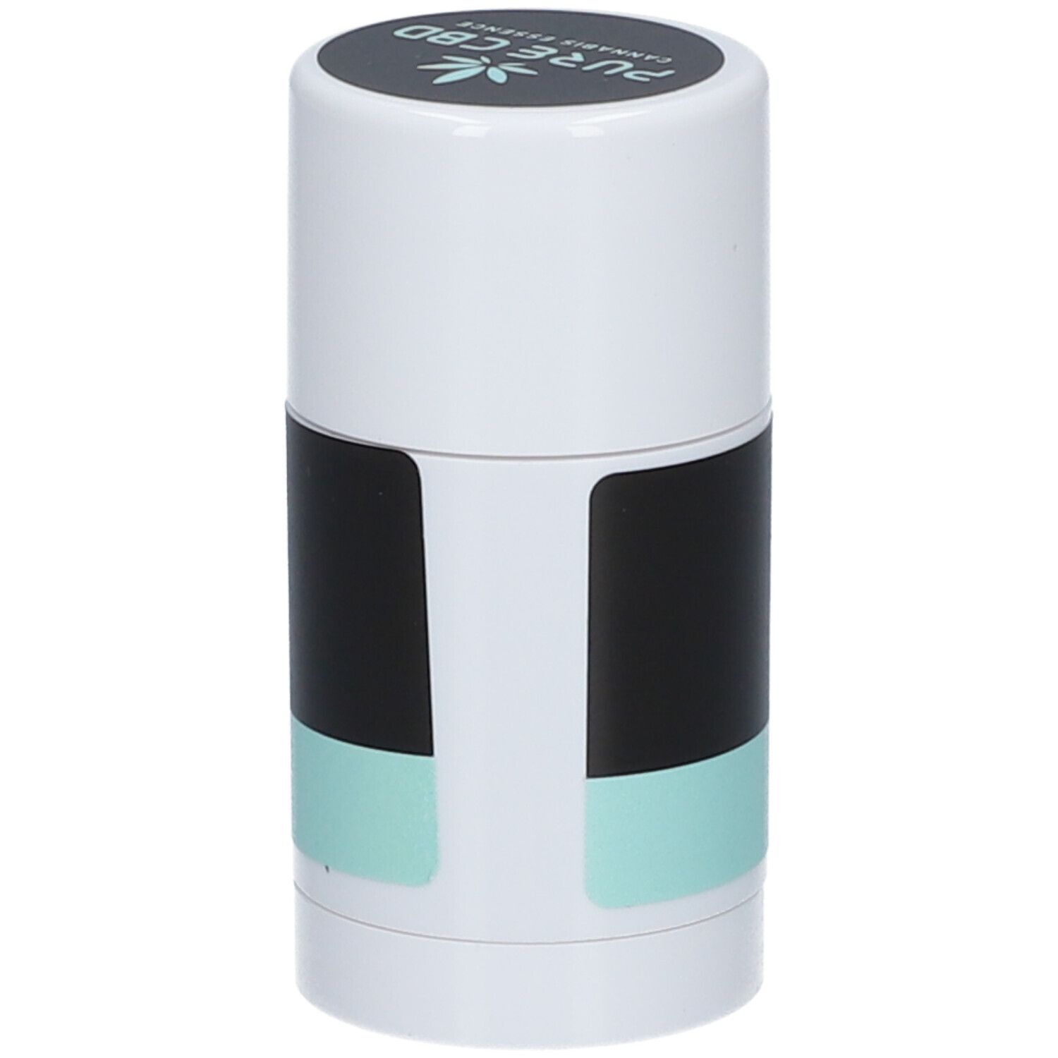 Bâton chauffant cylindrique. Étiquette noire et menthe avec texte: PURE CBD, Cannabis Essence, Heating Stick.