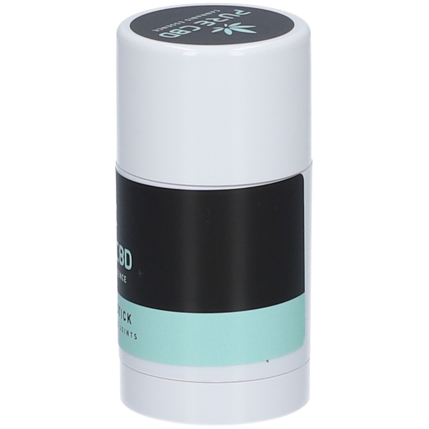 Bâton chauffant cylindrique. Étiquette noire et menthe avec texte: PURE CBD, Cannabis Essence, Heating Stick.