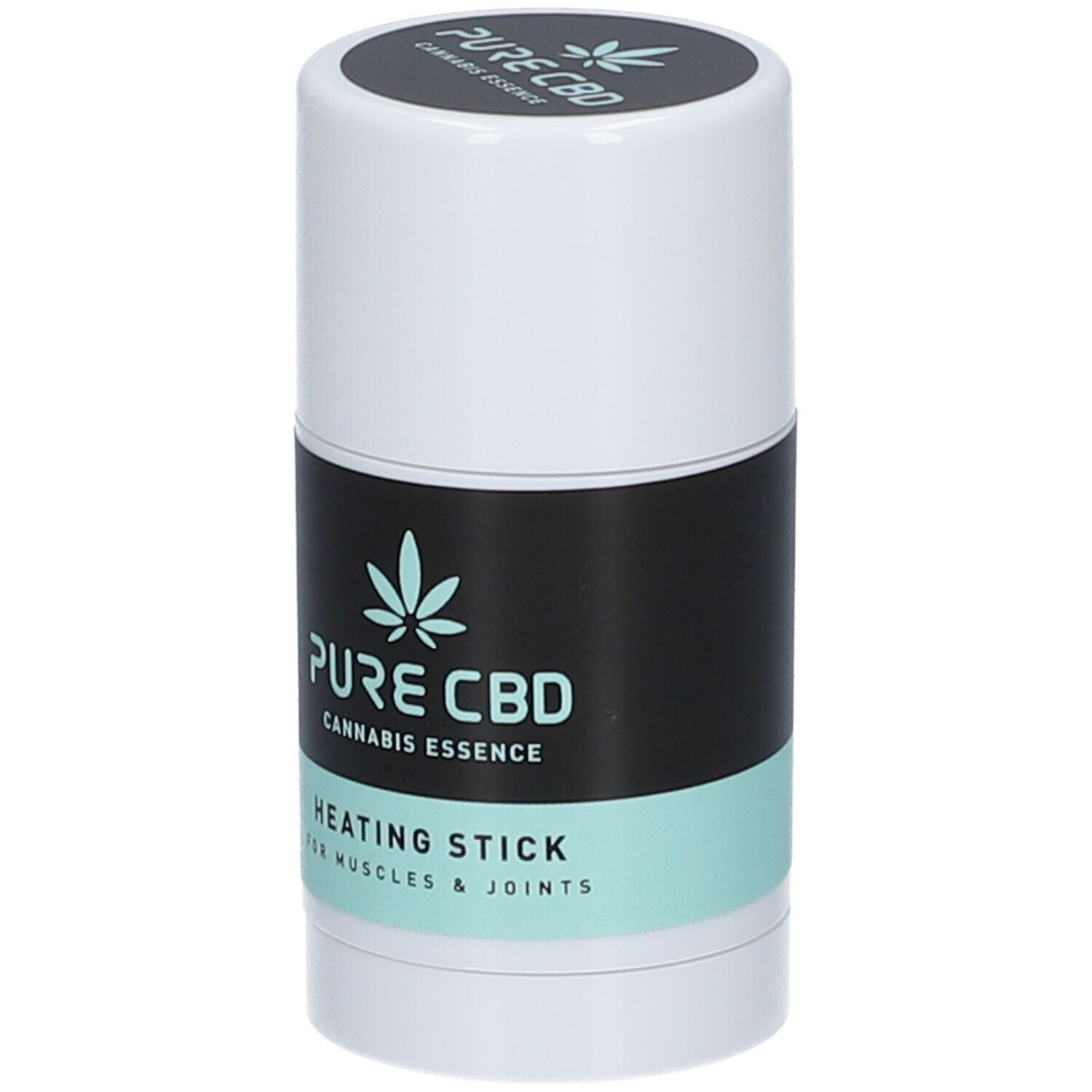 Bâton chauffant cylindrique. Étiquette noire et menthe avec texte: PURE CBD, Cannabis Essence, Heating Stick.