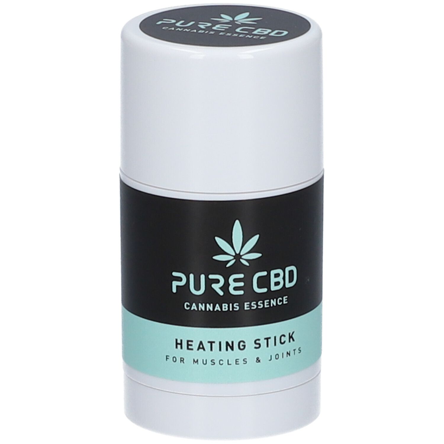 Bâton chauffant cylindrique. Étiquette noire et menthe avec texte: PURE CBD, Cannabis Essence, Heating Stick.