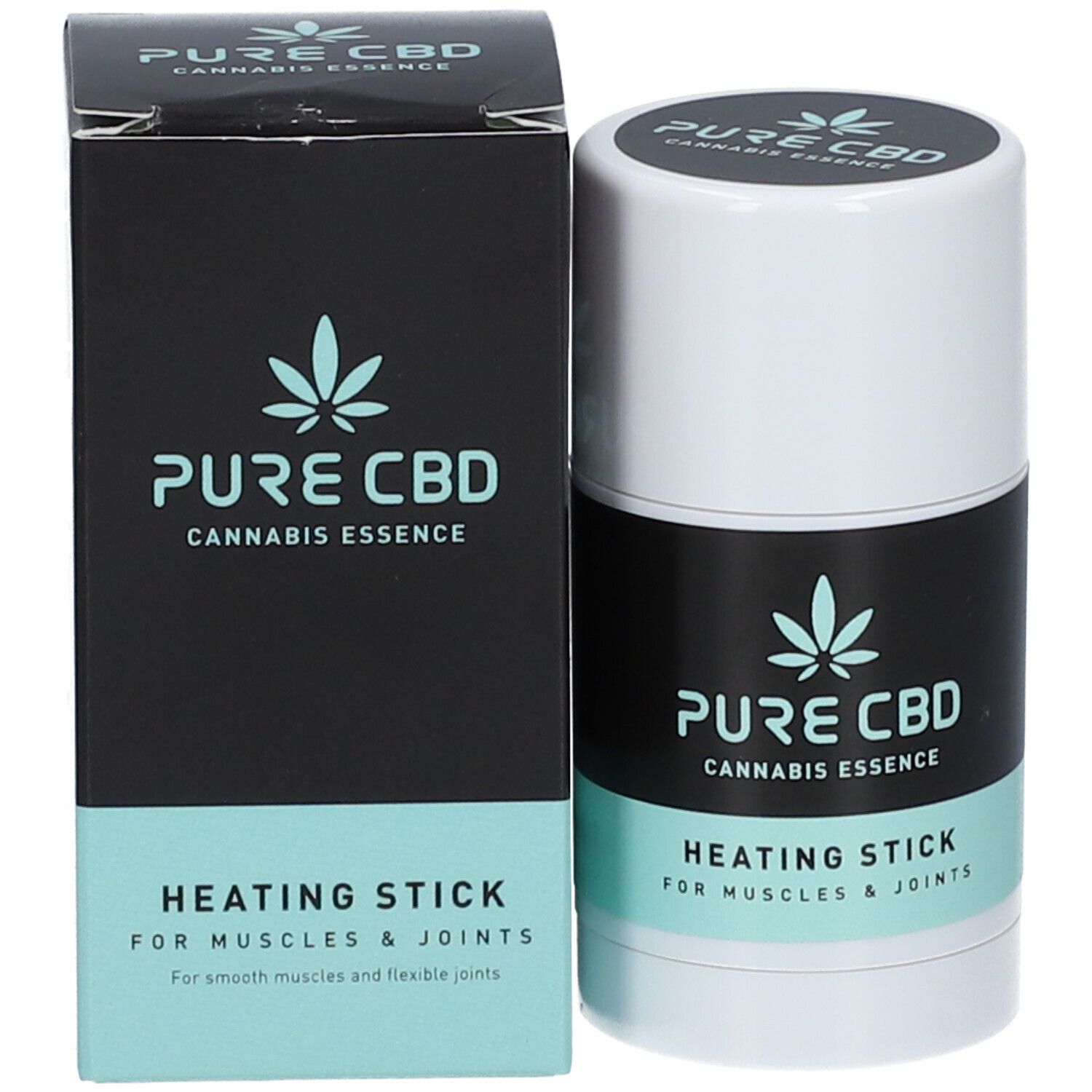 Produit et emballage. Bâton cylindrique et boîte rectangulaire. Texte: PURE CBD, Cannabis Essence, Heating Stick.
