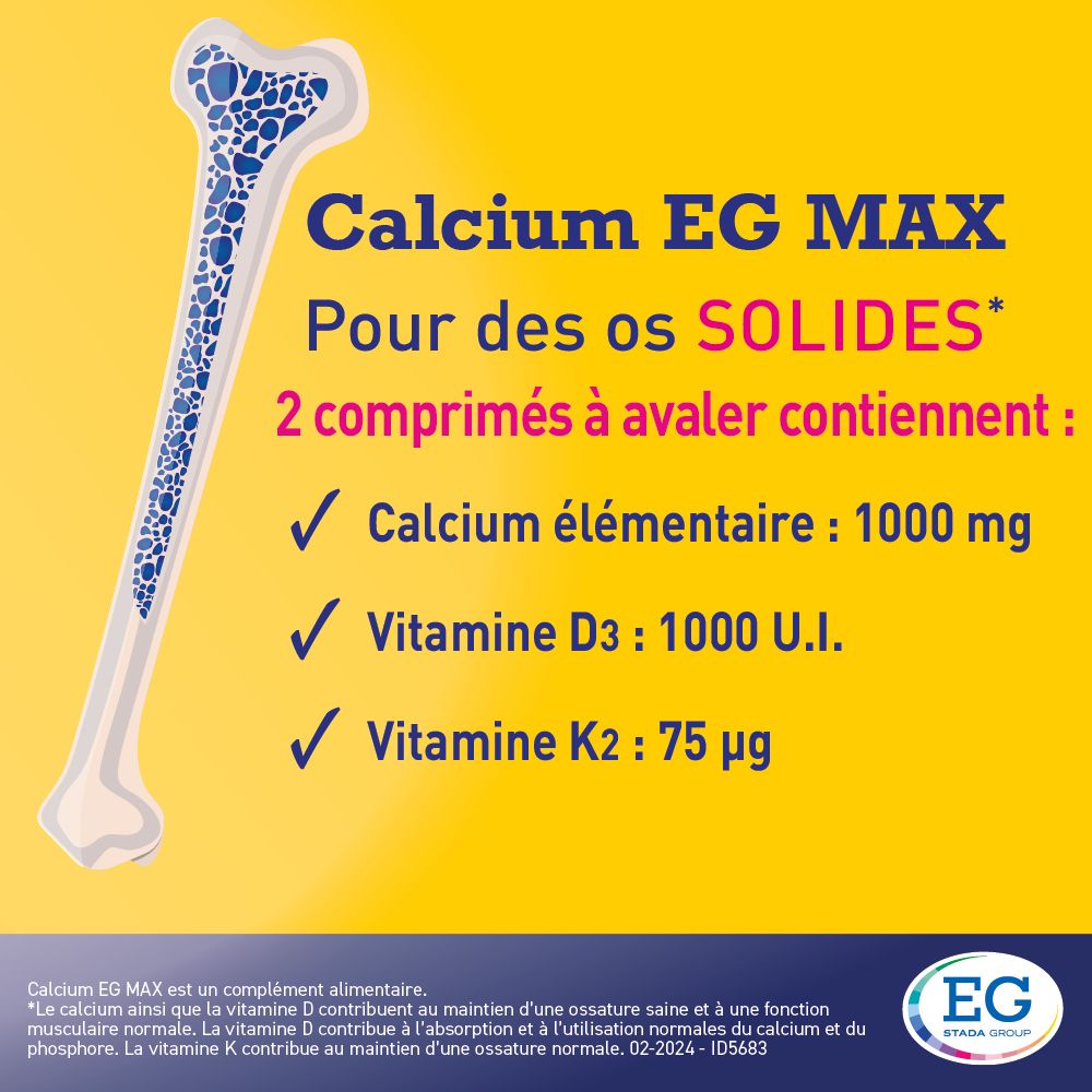 Publicité Calcium EG MAX. Illustration d'os. Contient calcium, vitamine D3 et K2. Fond jaune.