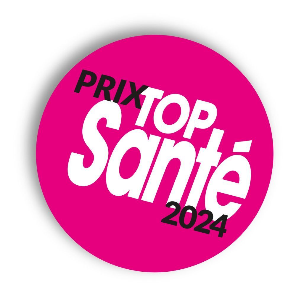 Autocollant rond: Prix Top Santé 2024. Fond rose, texte blanc.