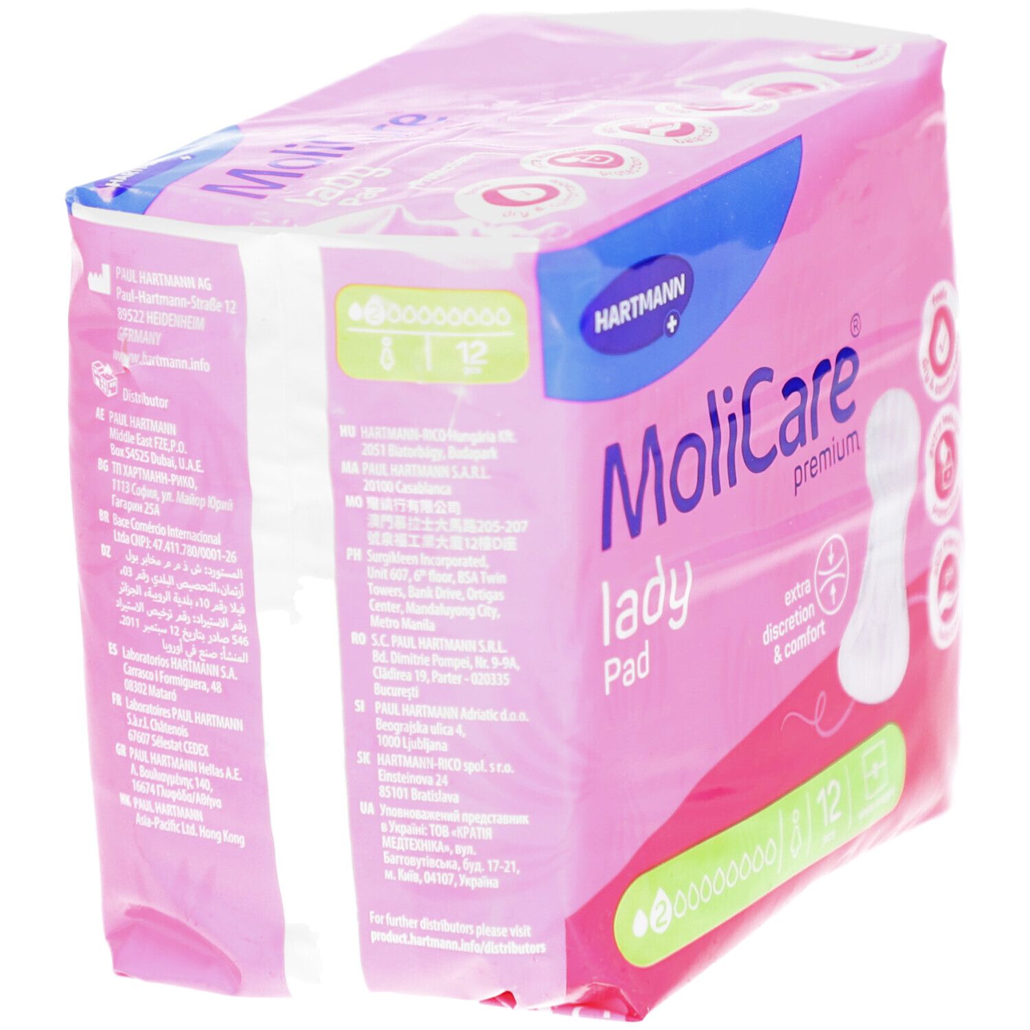 Paquet MoliCare lady Pad rose. Marque Hartmann. Texte sur l'emballage. 12 unités.