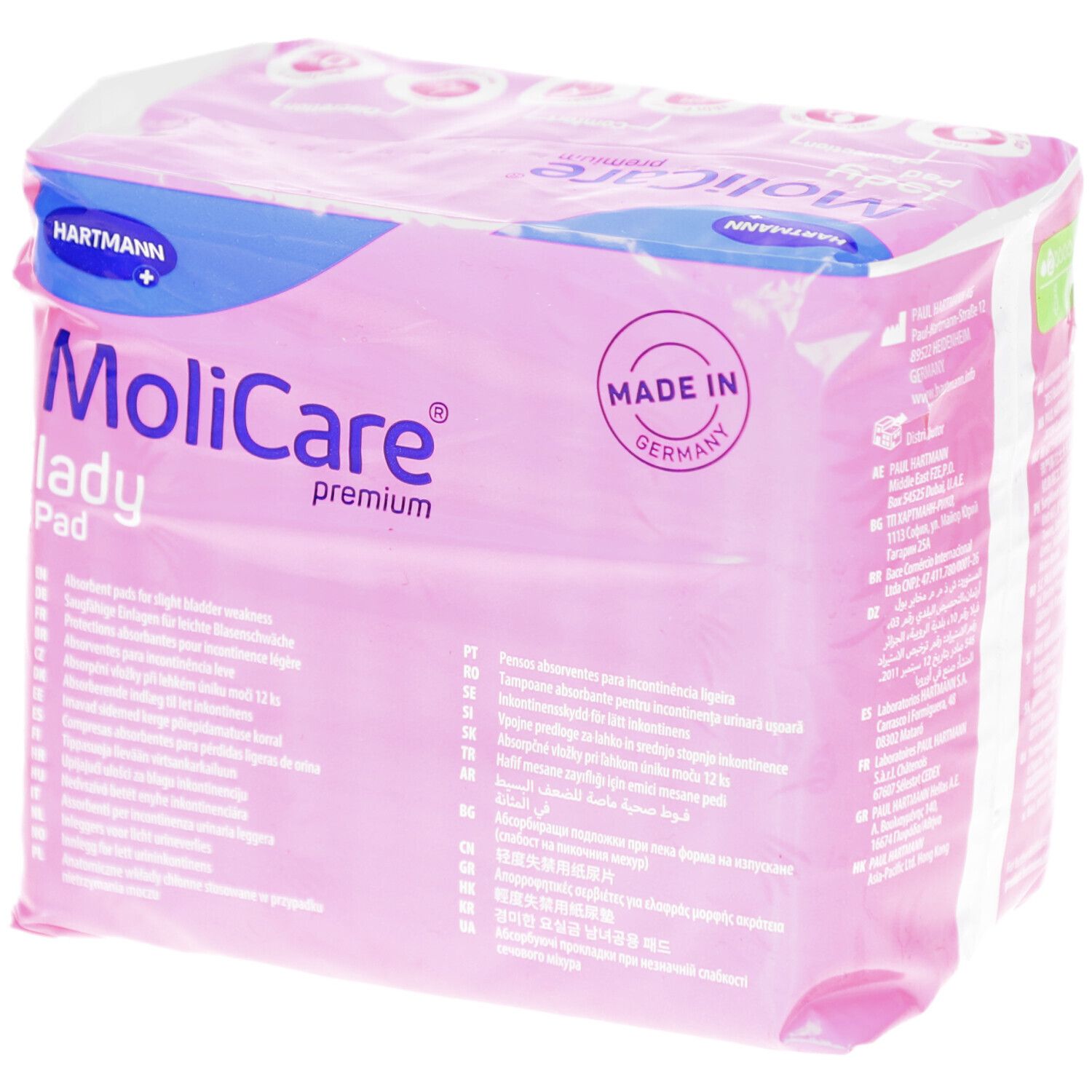 Paquet MoliCare lady Pad rose. Marque Hartmann. Imprimé 'Made in Germany'. 12 unités.