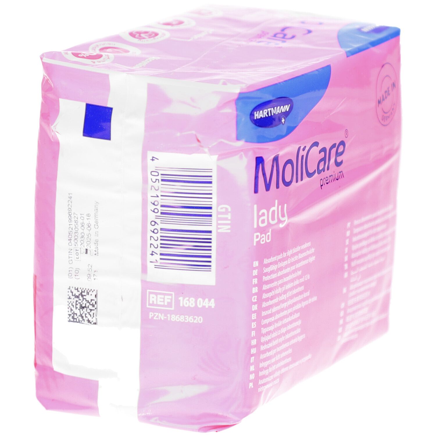 Paquet MoliCare lady Pad rose. Marque Hartmann. Code-barres et informations produit. 12 unités.