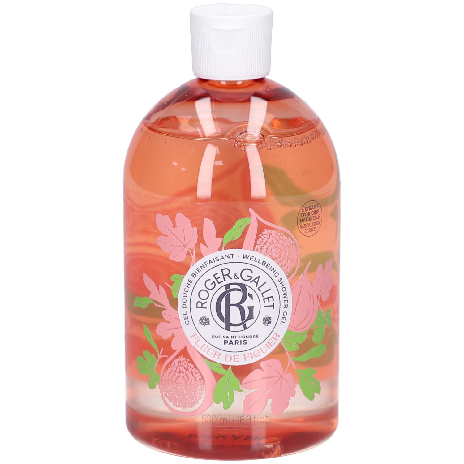 Flacon de gel douche. Liquide rose, bouchon blanc. Inscription: Roger&Gallet, Fleur de Figuier. Illustration de figues.