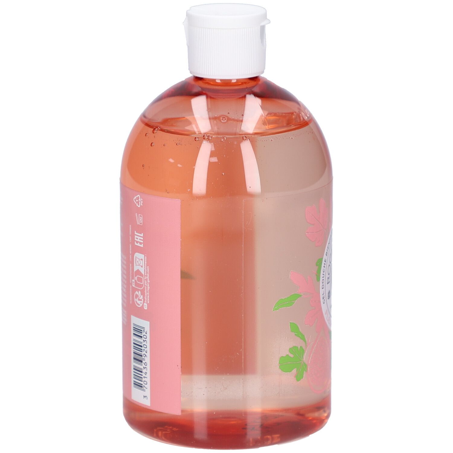 Dos du flacon de gel douche. Liquide rose. Inscriptions et code-barres sur étiquette rose.