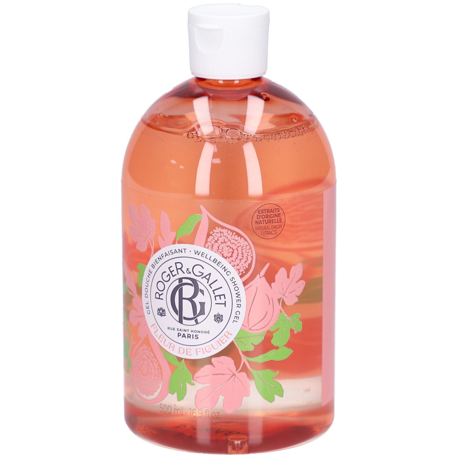 Flacon de gel douche. Liquide rose, bouchon blanc. Inscription: Roger&Gallet, Fleur de Figuier. Illustration de figues.