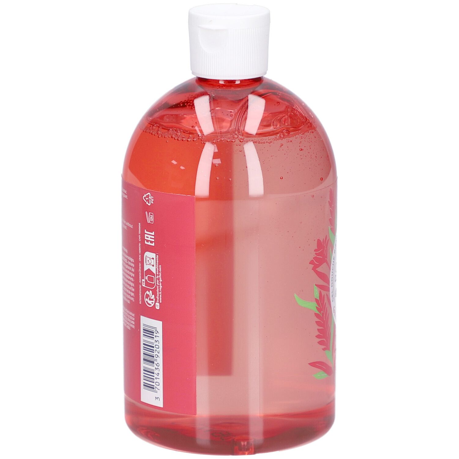 Dos du flacon. Liquide rouge. Étiquette avec texte et code-barres. Code EAN.