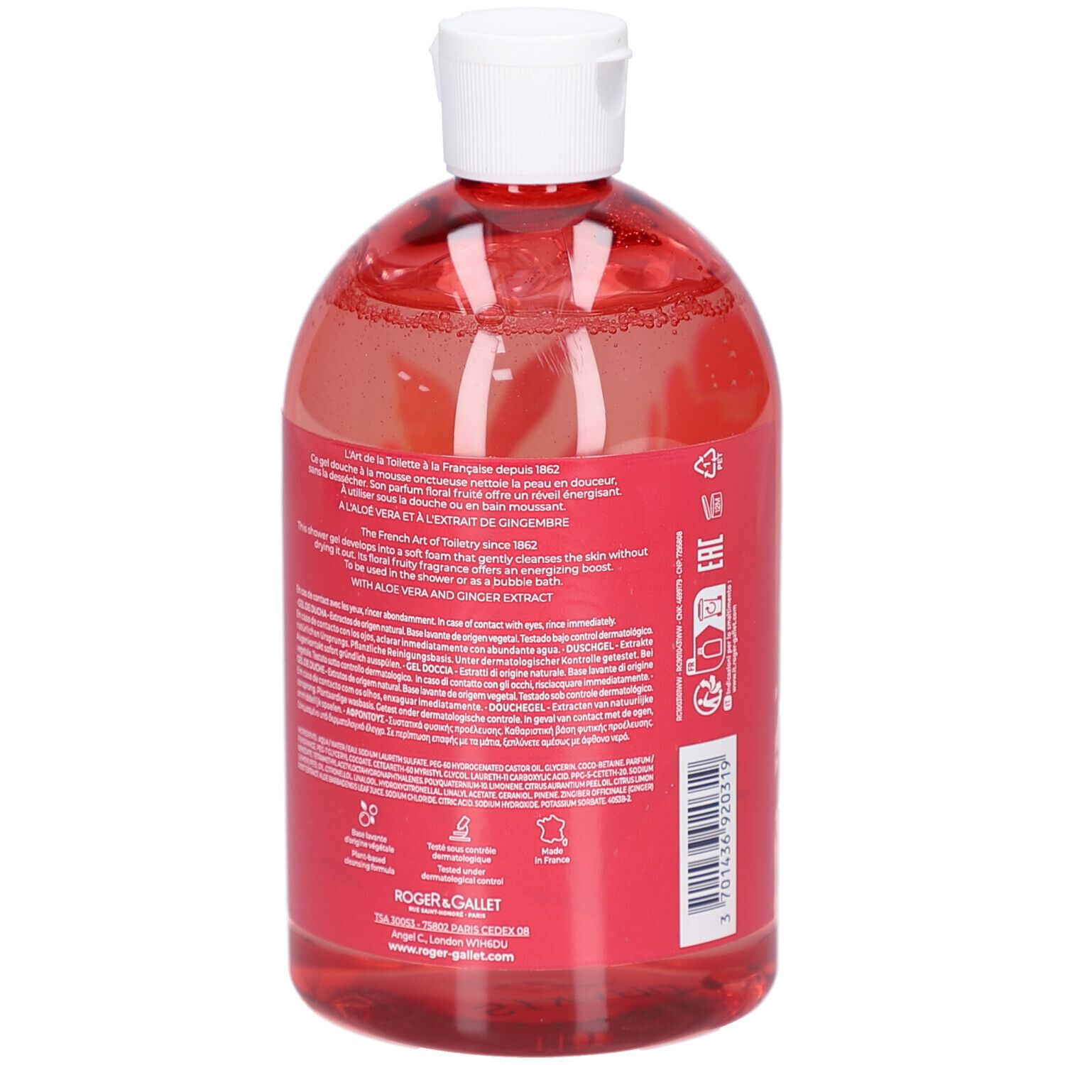 Dos du flacon. Liquide rouge. Texte sur l'étiquette. Code EAN. Symboles de recyclage.