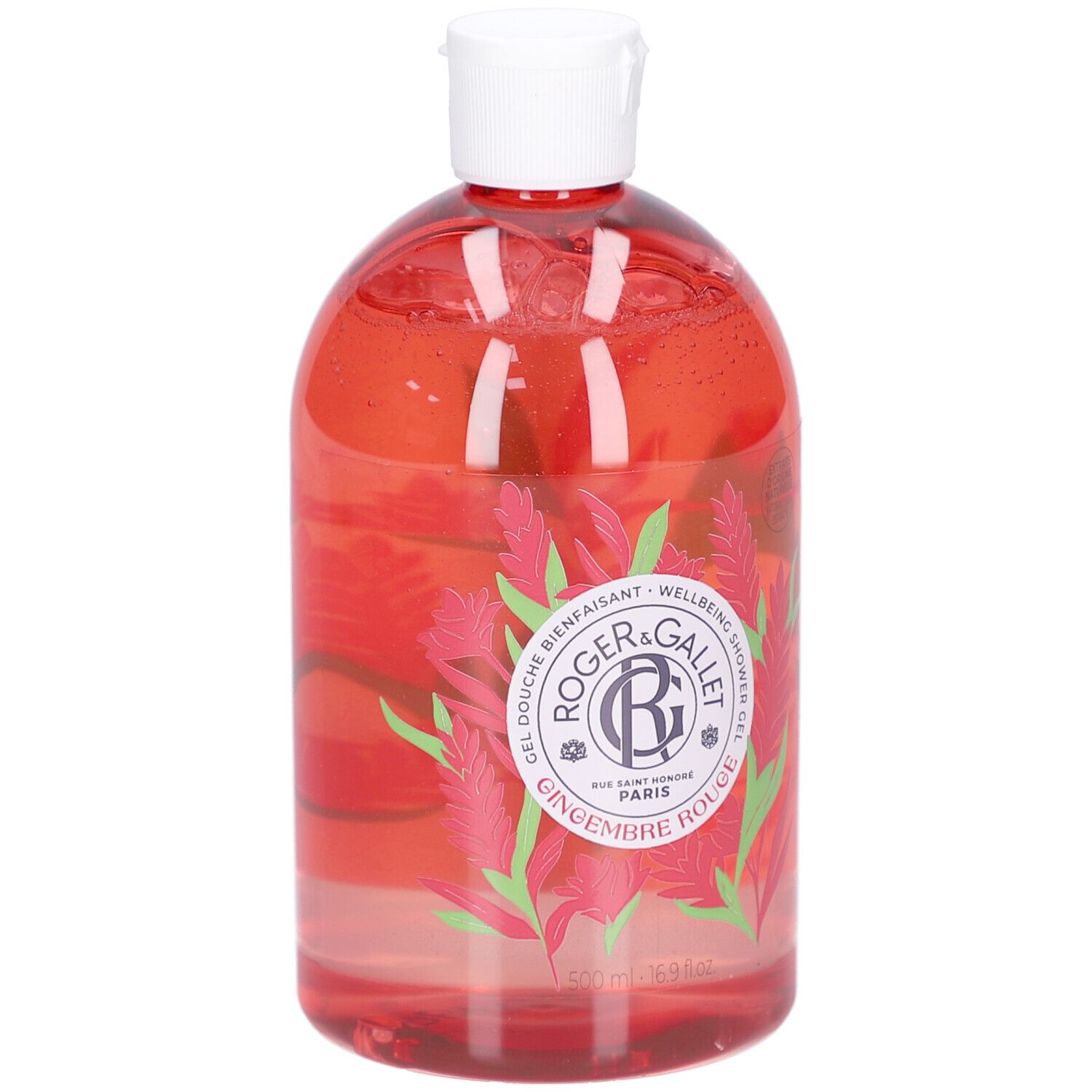 Flacon de gel douche rouge avec bouchon blanc. Inscription: Roger & Gallet, Gingembre Rouge. Motif floral.