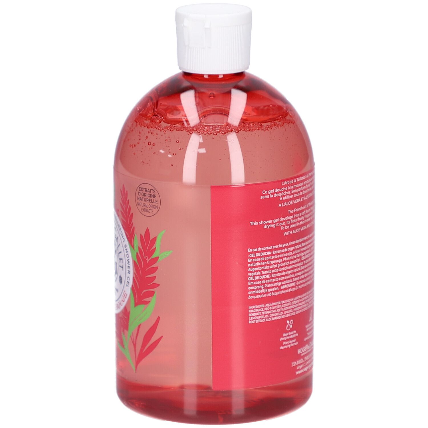 Dos du flacon. Liquide rouge. Texte sur l'étiquette. Motif floral. Symboles de recyclage.