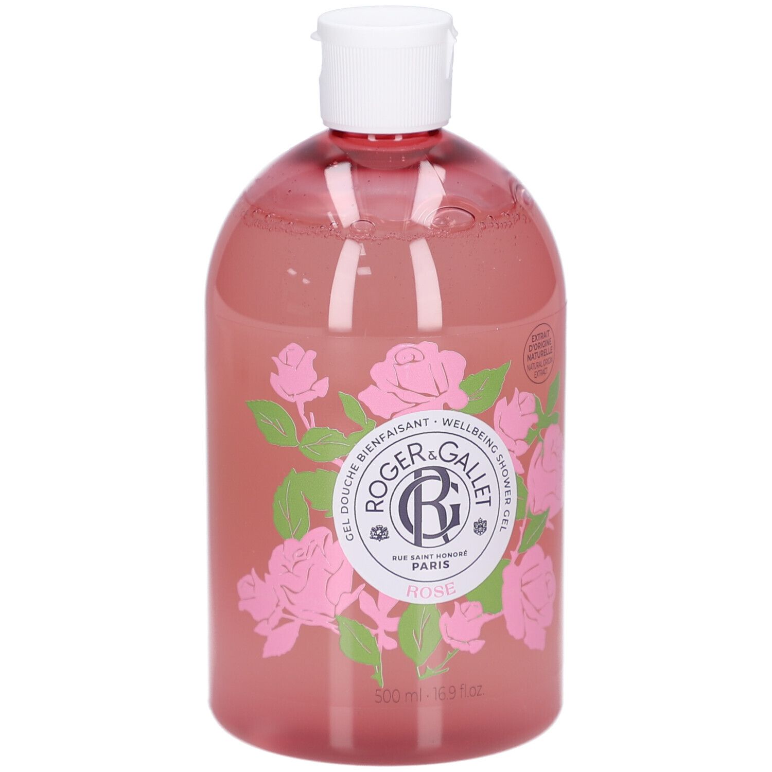 Gel douche rose avec bouchon blanc. Inscription: Roger&Gallet, Rose. Décor de roses. 500 ml.