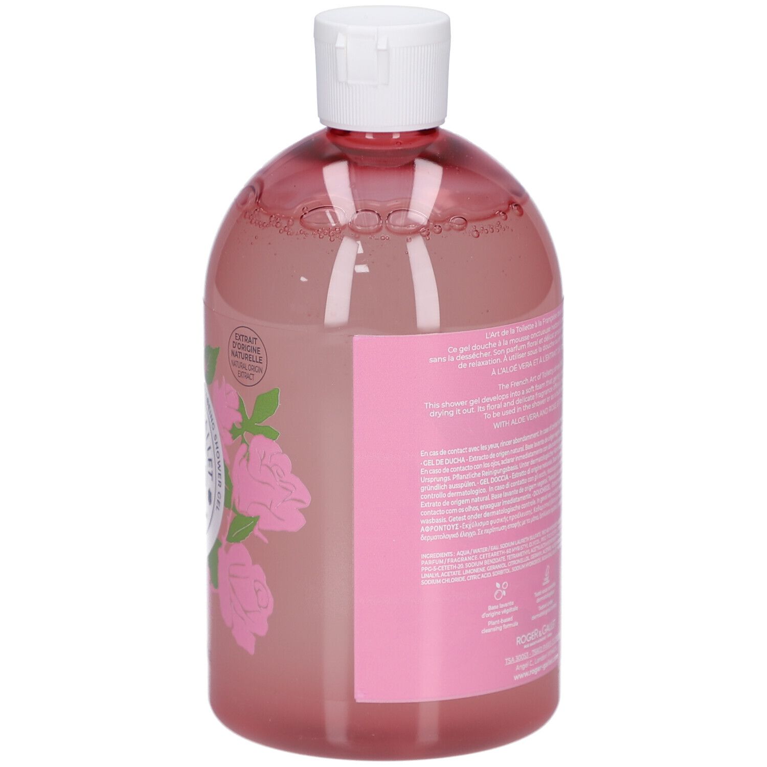 Gel douche rose avec bouchon blanc. Inscription: Roger&Gallet, Rose. Décor de roses. 500 ml.