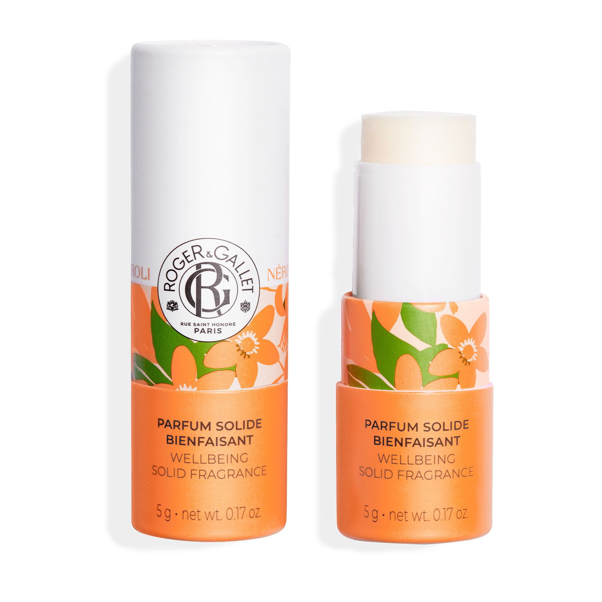 Deux emballages cylindriques, un ouvert. Produit visible. Étiquette orange avec motif floral.