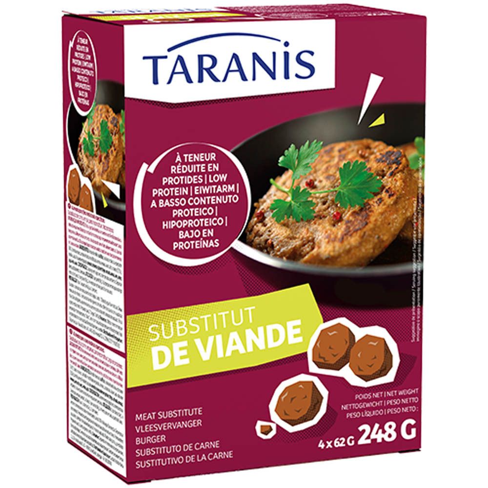 Boîte Taranis Substitut de Viande. Rouge, image produit et texte. 4x62g, 248g. Ingrédients et informations nutritionnelles.