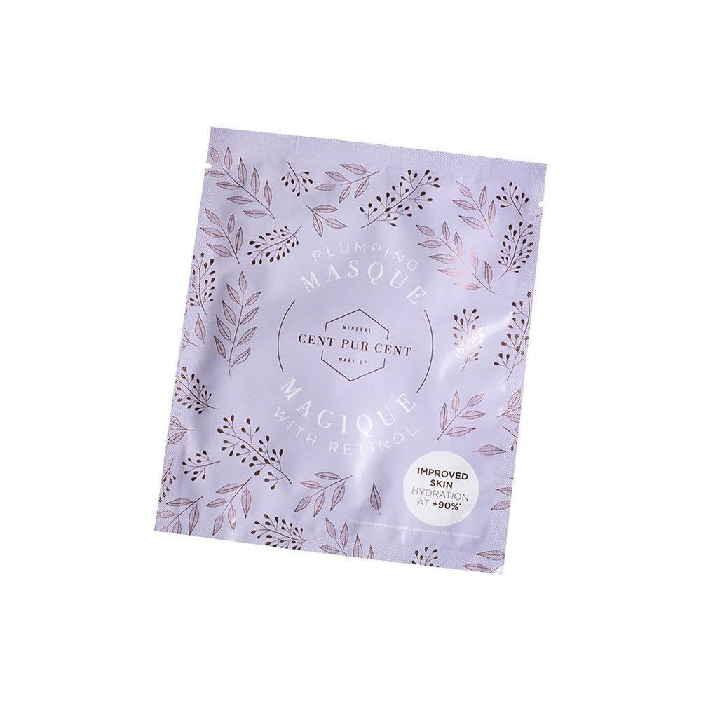 Emballage de Cent Pur Cent Plumping Masque. Fond violet avec motif floral et informations sur le produit.