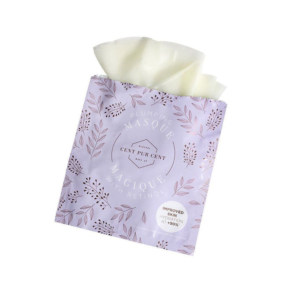 Emballage de Cent Pur Cent Plumping Masque avec masque facial sortant. Fond violet avec motif floral.