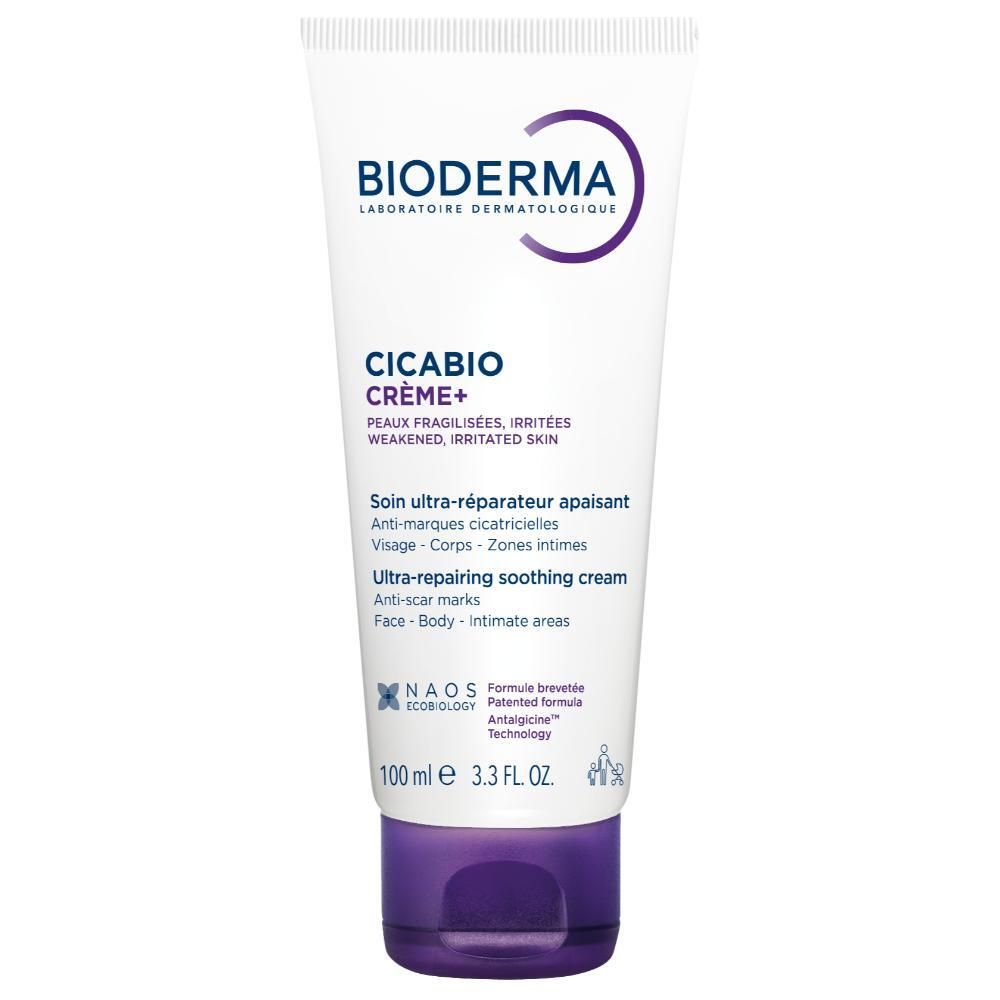 Tube blanc avec bouchon violet. BIODERMA, Cicabio Crème+ et informations produit imprimées. Logo NAOS.