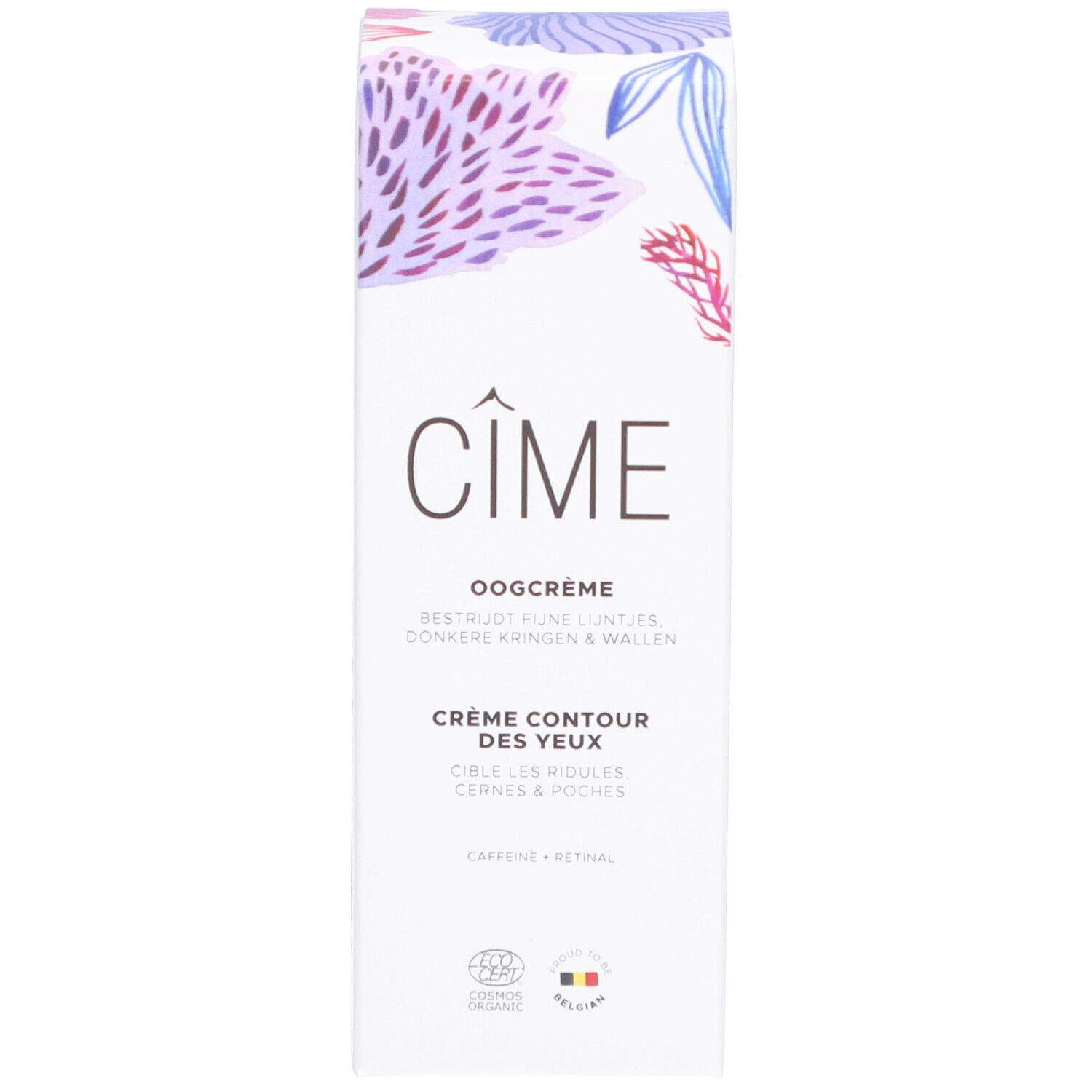 Produit et emballage. Boîte blanche. Inscription : Cîme, Oogcrème Crème Contour des Yeux. Texte.