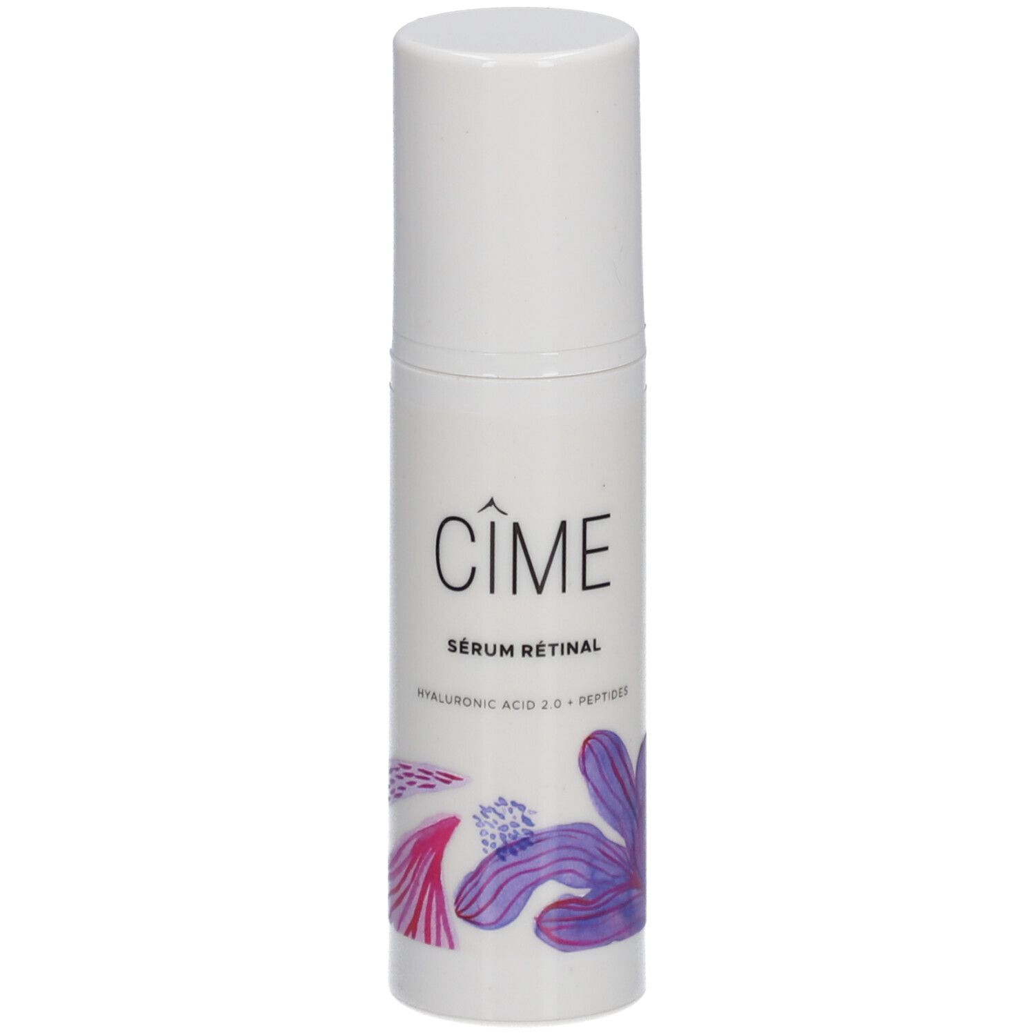 Flacon blanc avec logo Cîme et motif floral. Texte : Sérum Rétinal, Acide Hyaluronique 2.0 + Peptides.