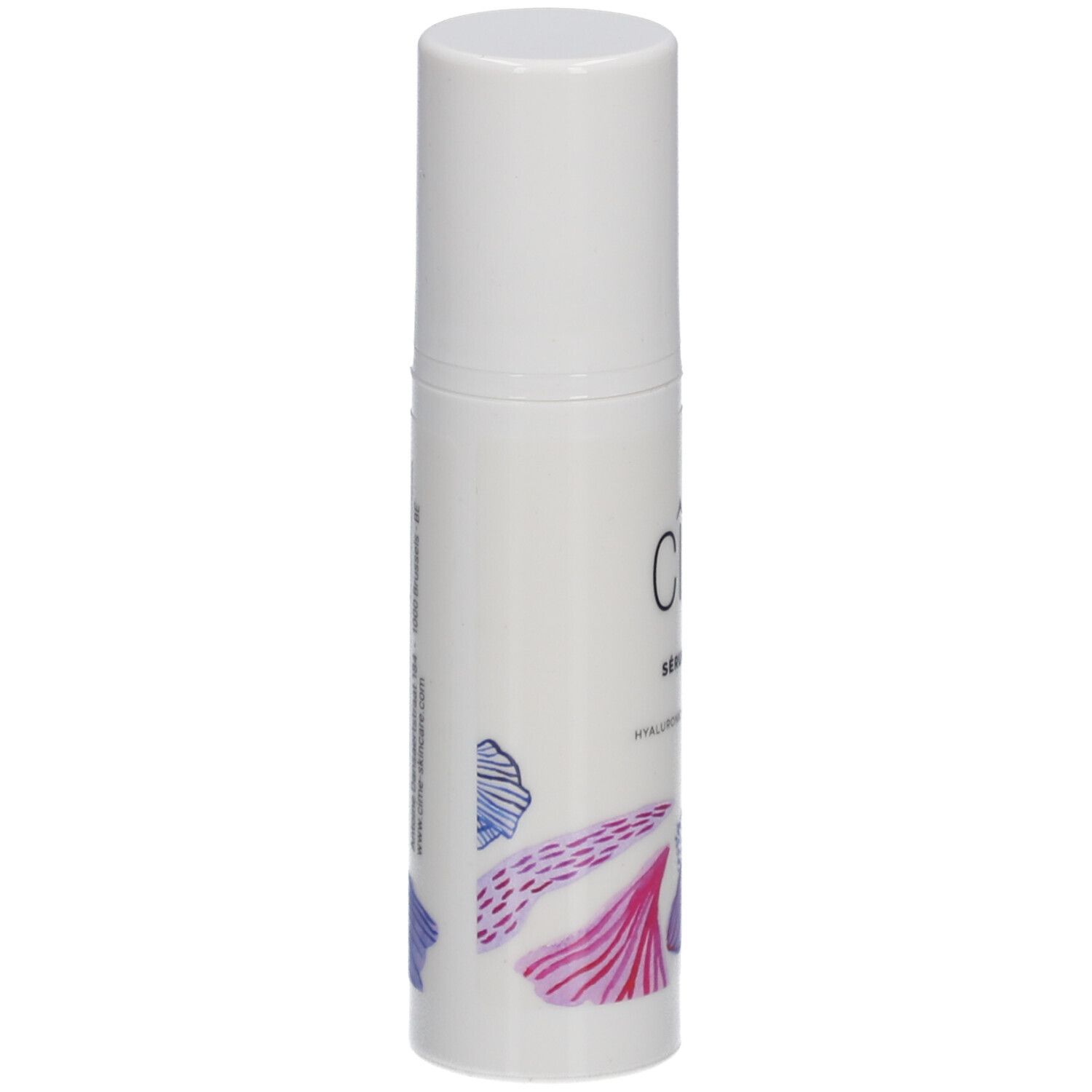 Flacon blanc avec logo Cîme et motif floral. Dos avec texte et logo. Bouchon blanc.