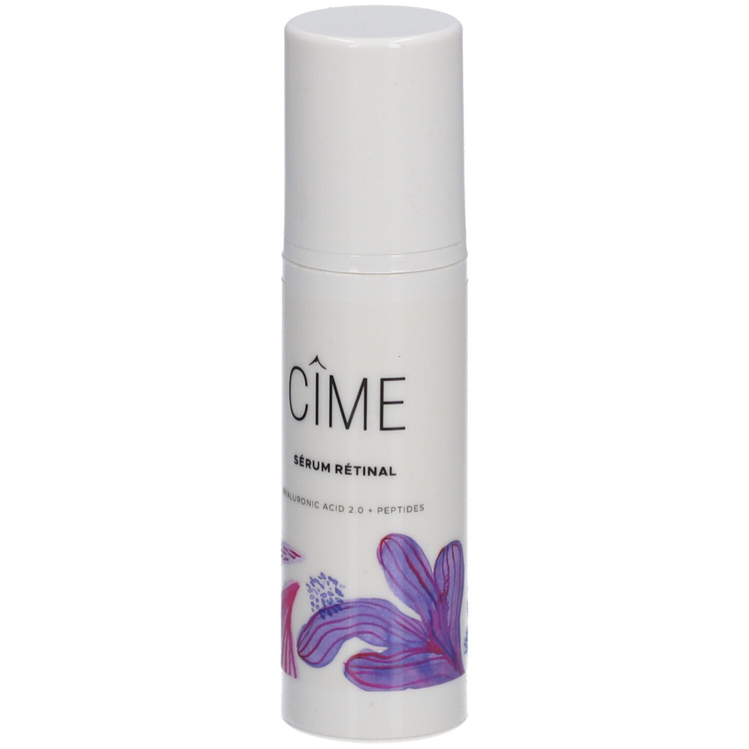 Flacon blanc avec logo Cîme et motif floral. Texte : Sérum Rétinal, Acide Hyaluronique 2.0 + Peptides. Bouchon blanc.