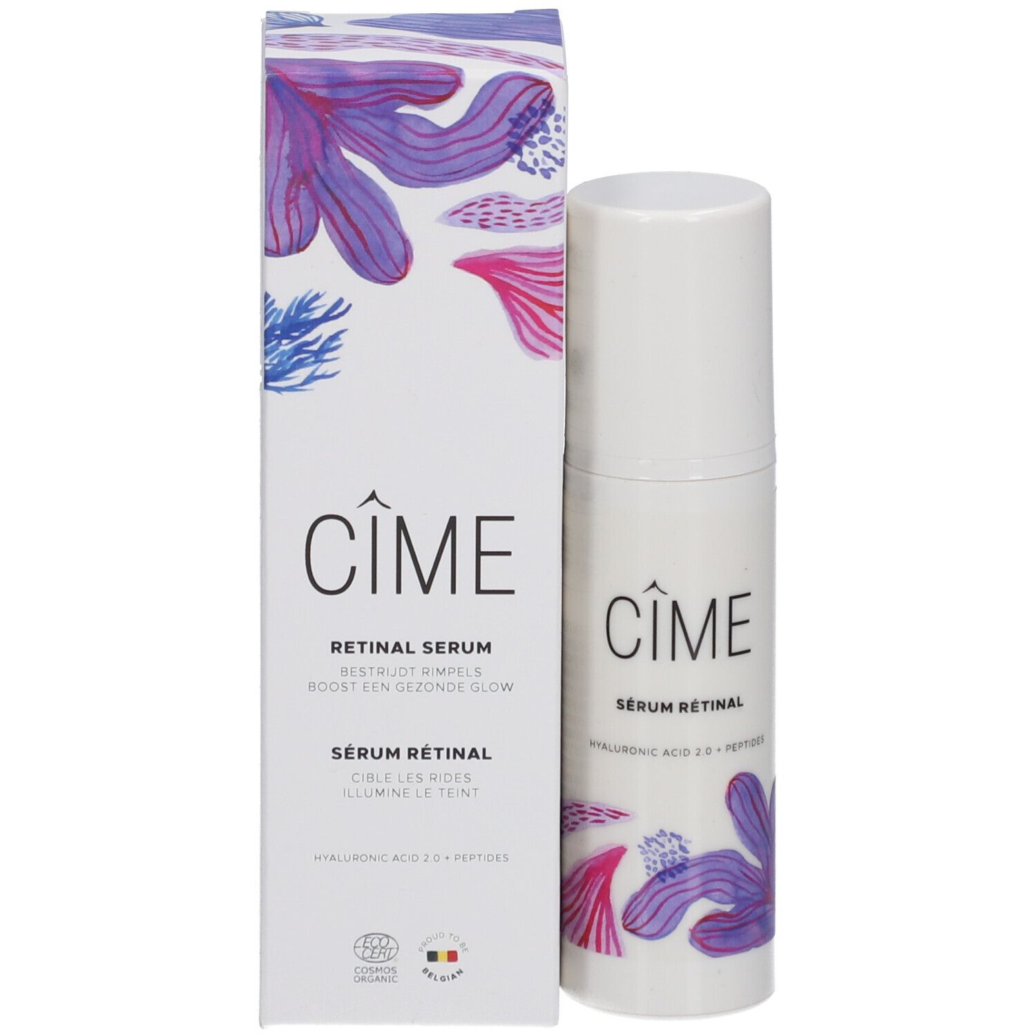 Emballage produit avec flacon. Flacon et boîte avec logo Cîme et motif floral. Texte : Sérum Rétinal.