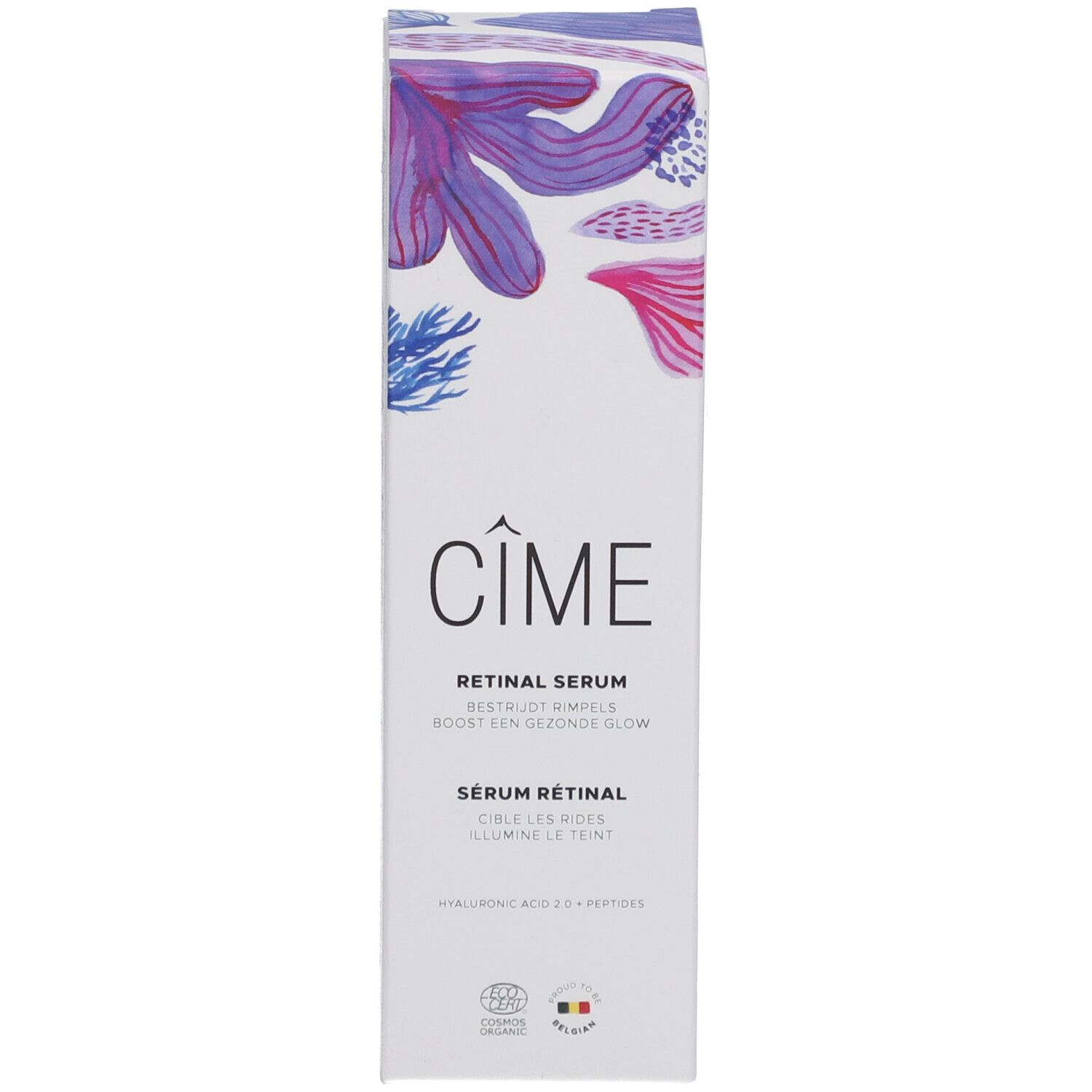 Emballage produit. Boîte avec logo Cîme et motif floral. Texte : Sérum Rétinal, Sérum Rétinal.